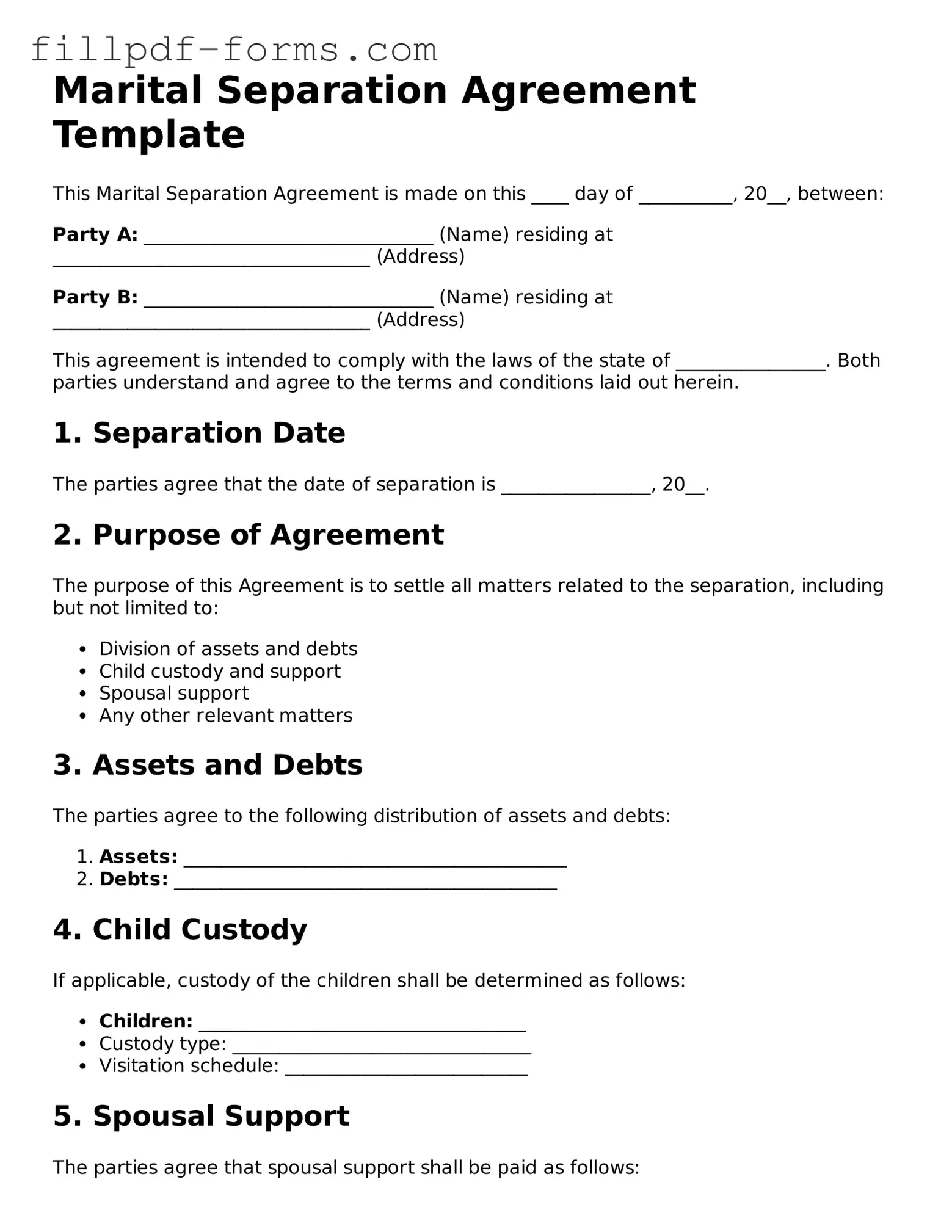 Fillable Marital Separation Agreement Template