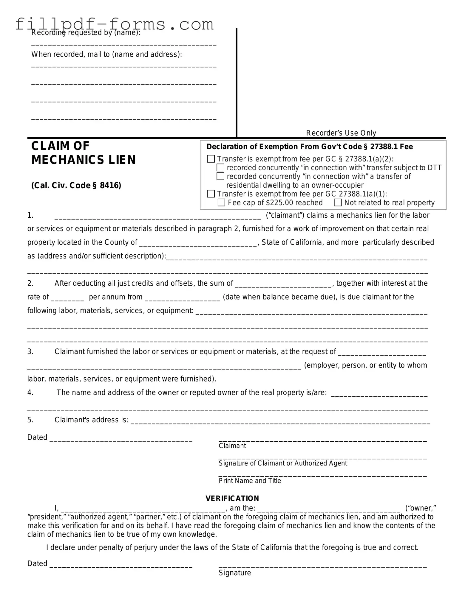 Mechanics Lien California PDF Form