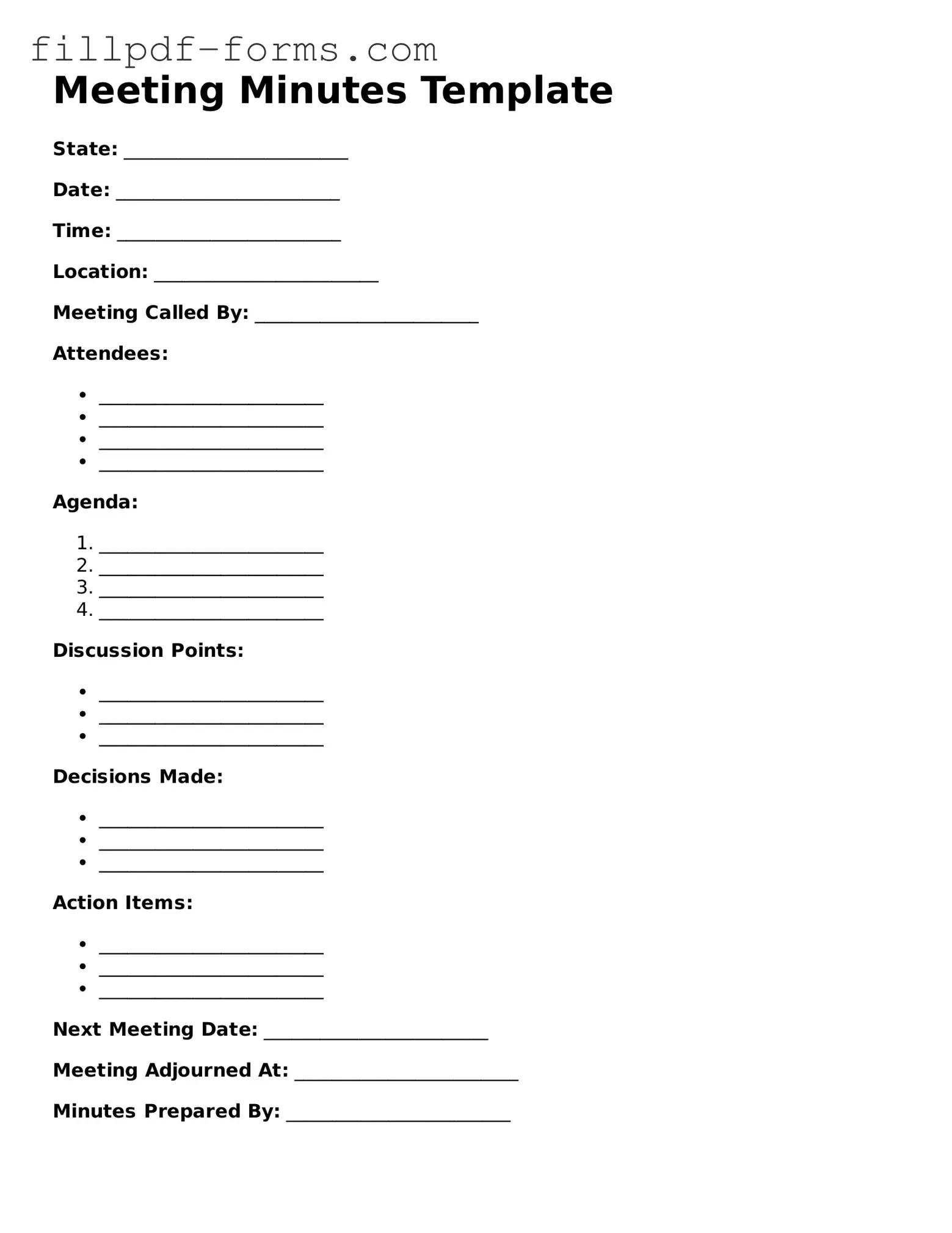 Fillable Meeting Minutes Template