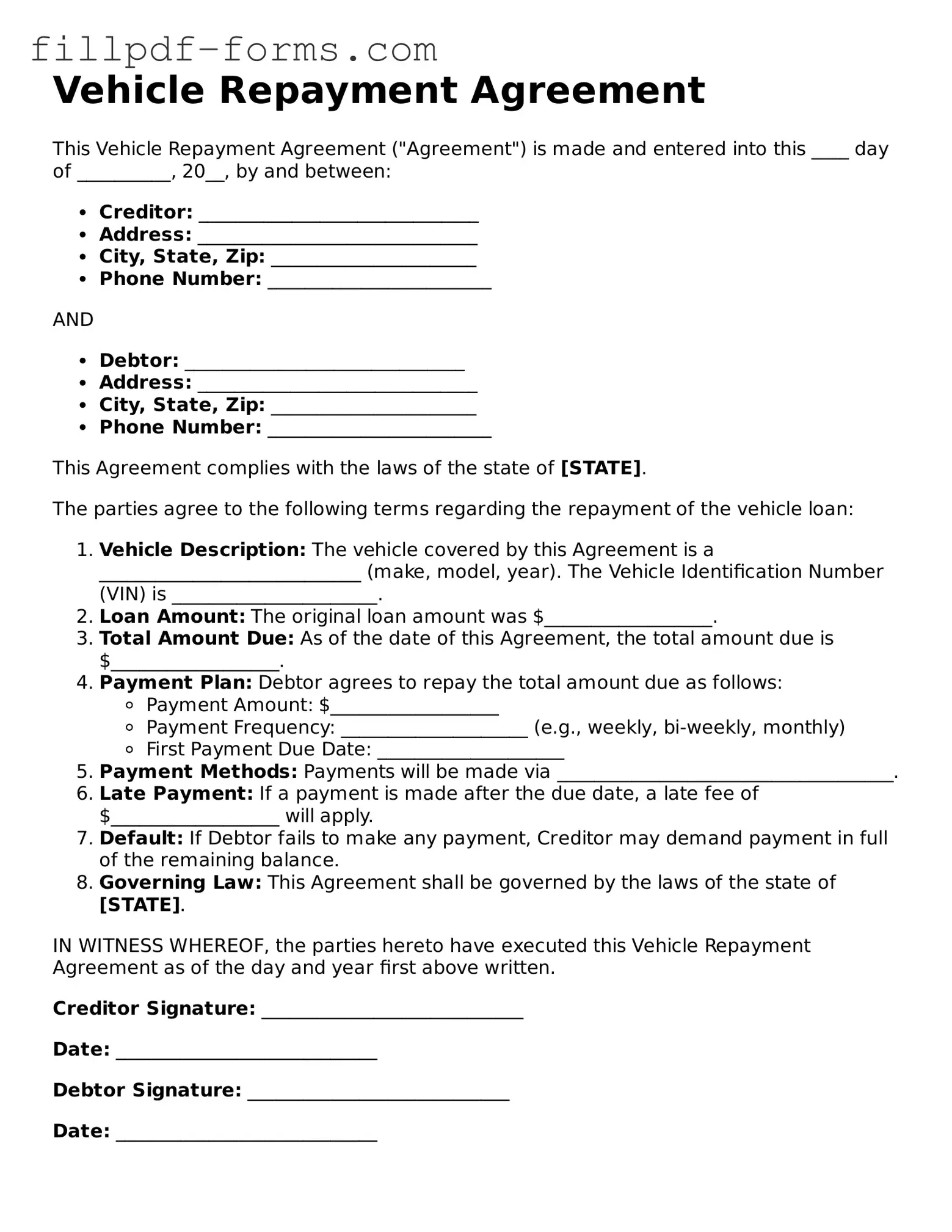 Fillable Vehicle Repayment Agreement Template