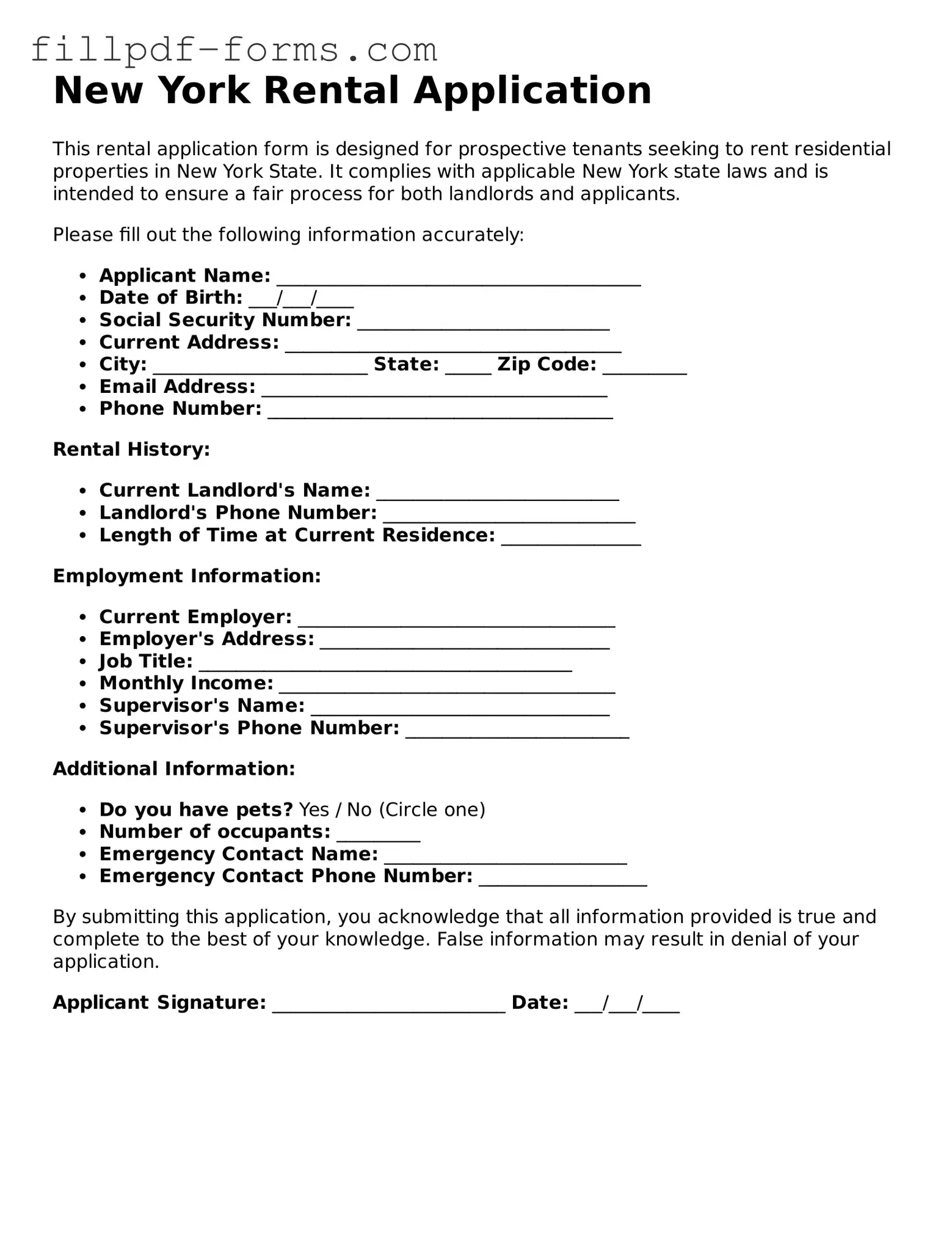Fillable Rental Application Template for the State of New York