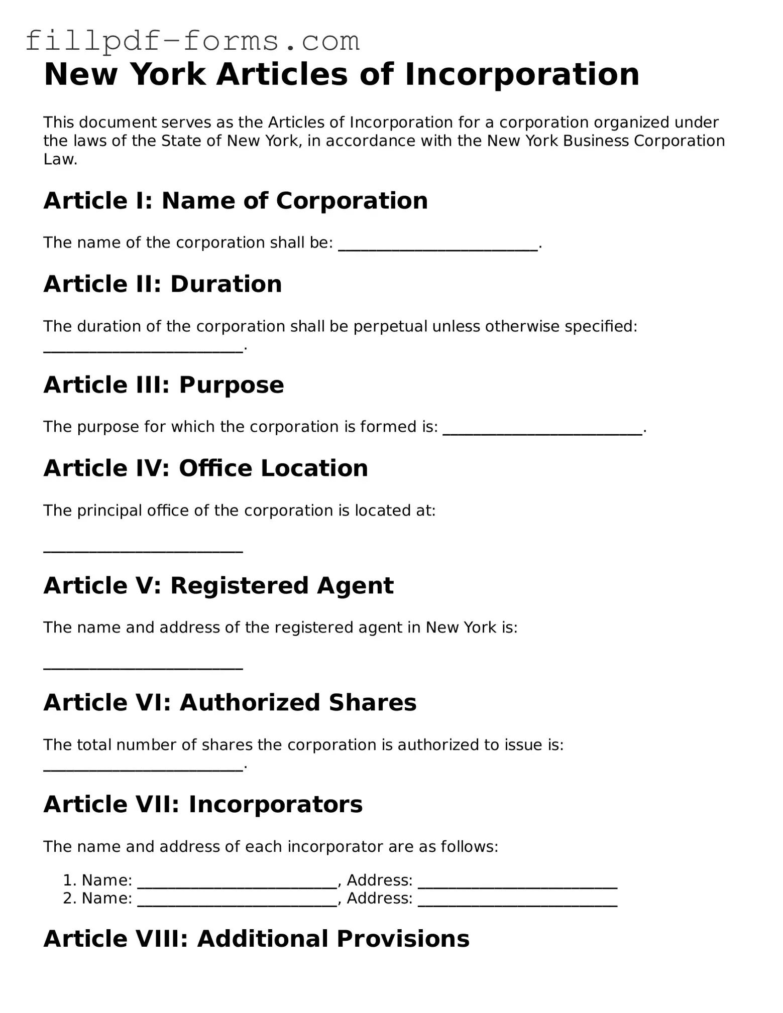 Fillable Articles of Incorporation Template for the State of New York