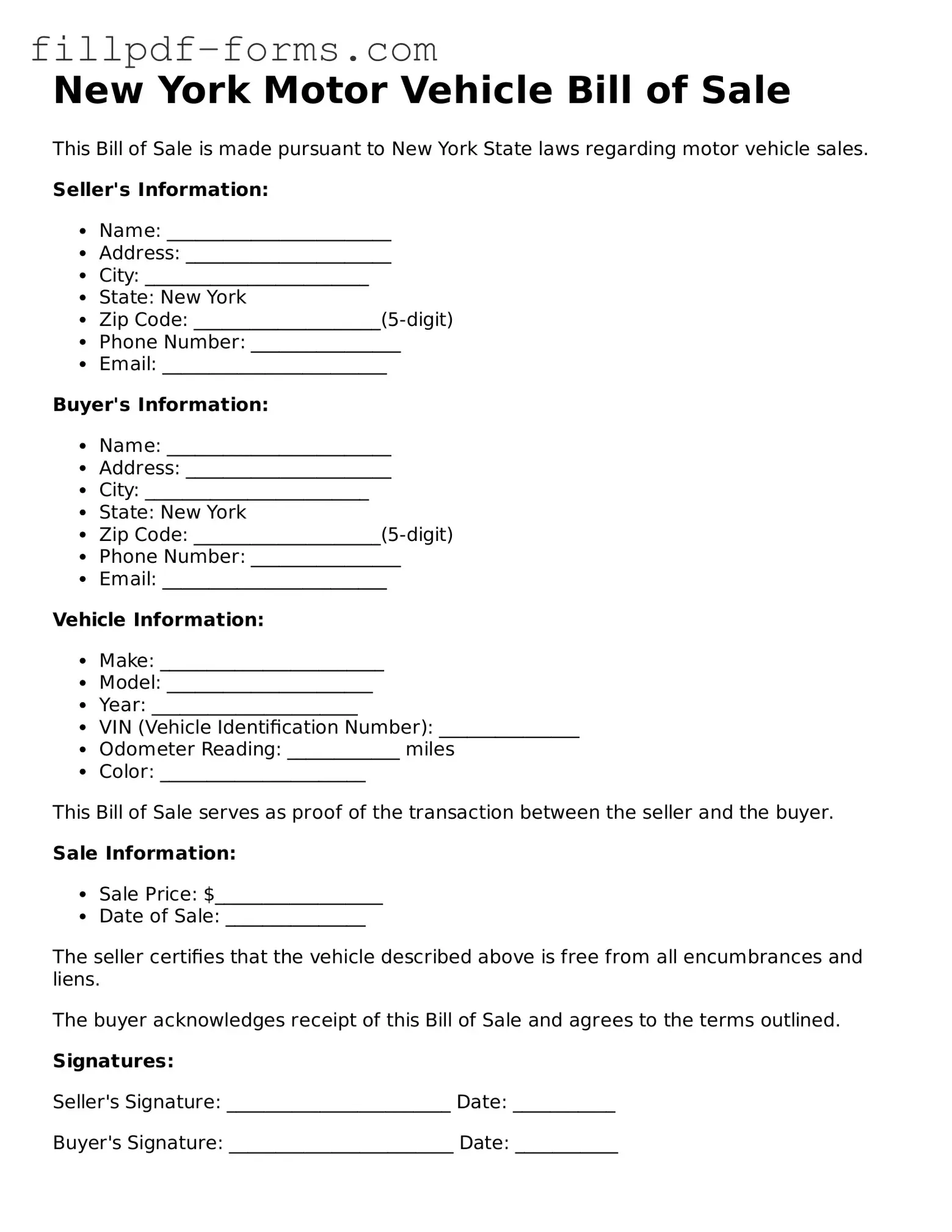Fillable Motor Vehicle Bill of Sale Template for the State of New York