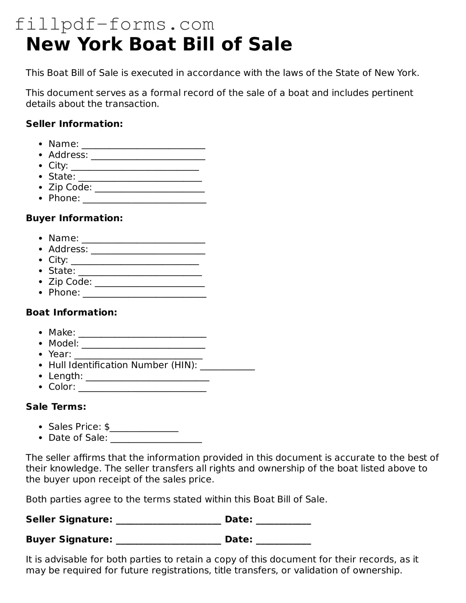 Fillable Boat Bill of Sale Template for the State of New York