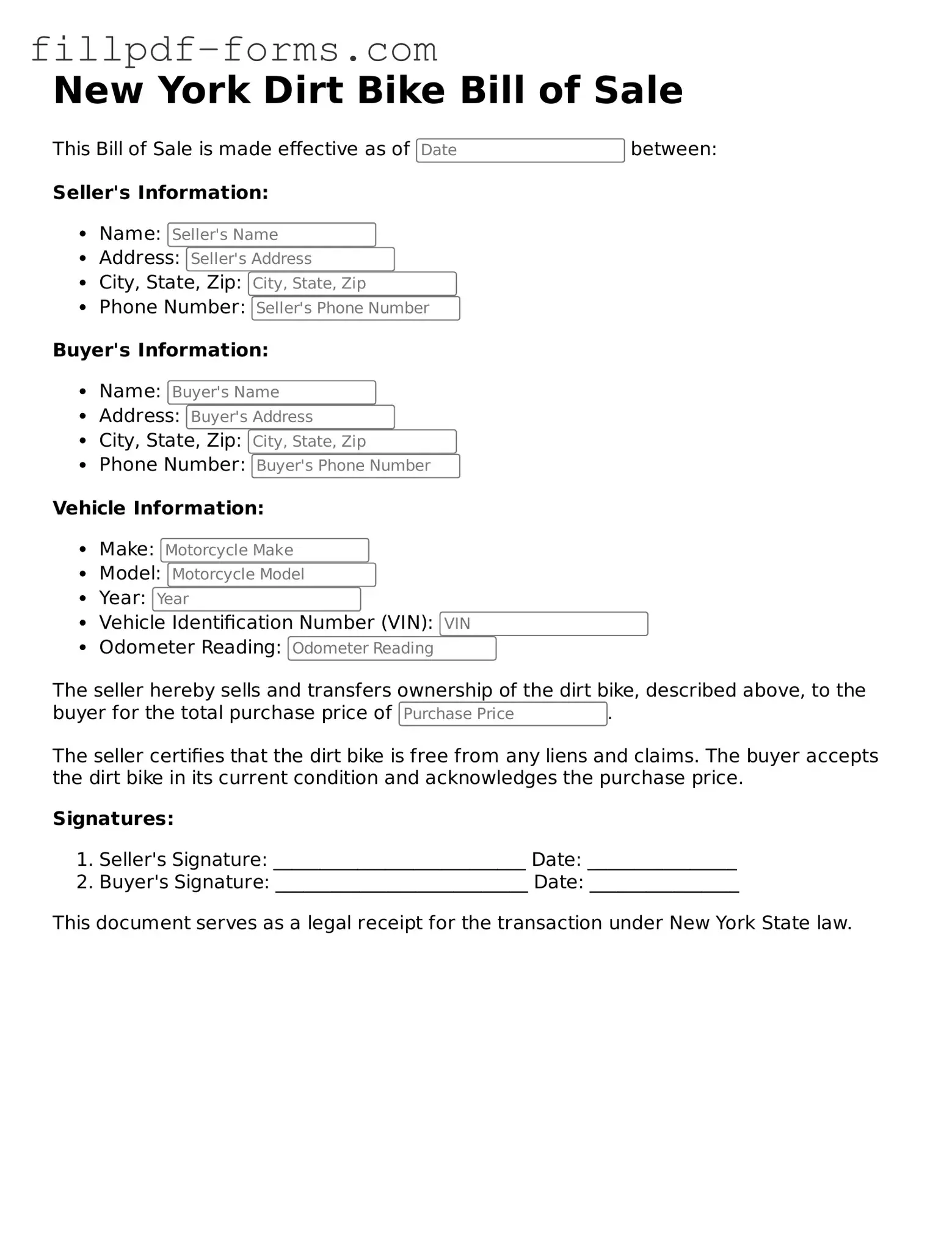 Fillable Dirt Bike Bill of Sale Template for the State of New York