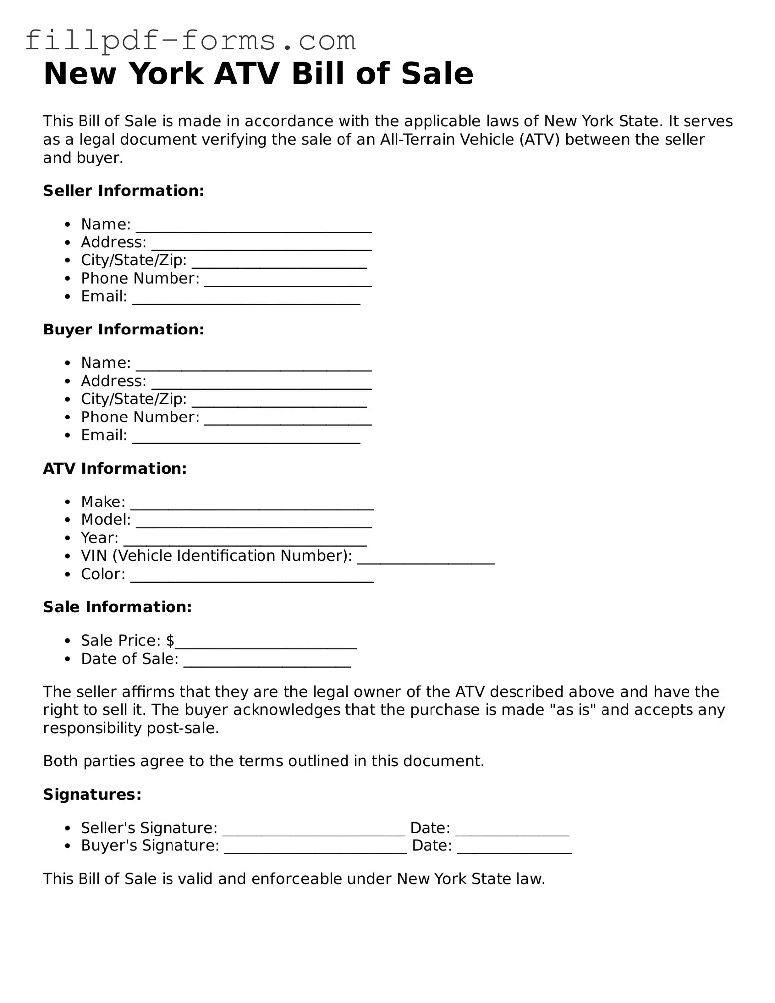 Fillable ATV Bill of Sale Template for the State of New York