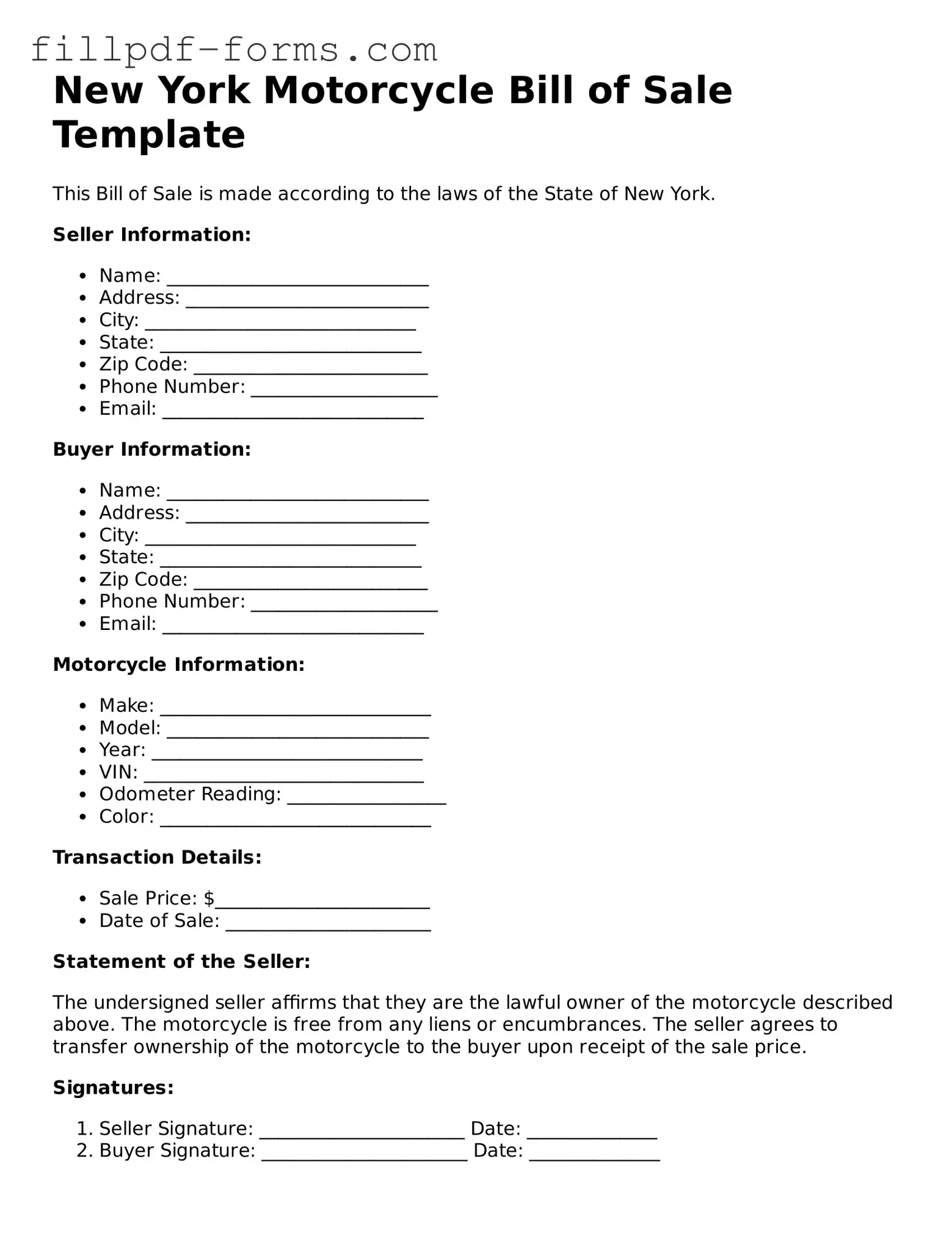 Fillable Motorcycle Bill of Sale Template for the State of New York
