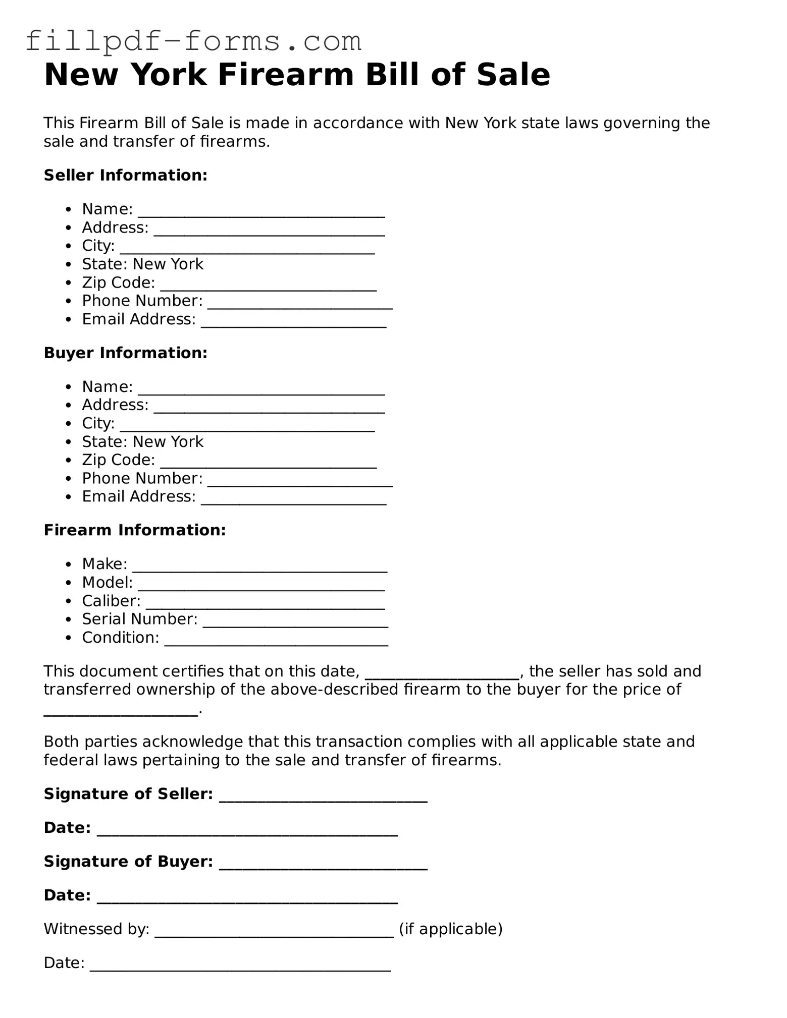 Fillable Firearm Bill of Sale Template for the State of New York
