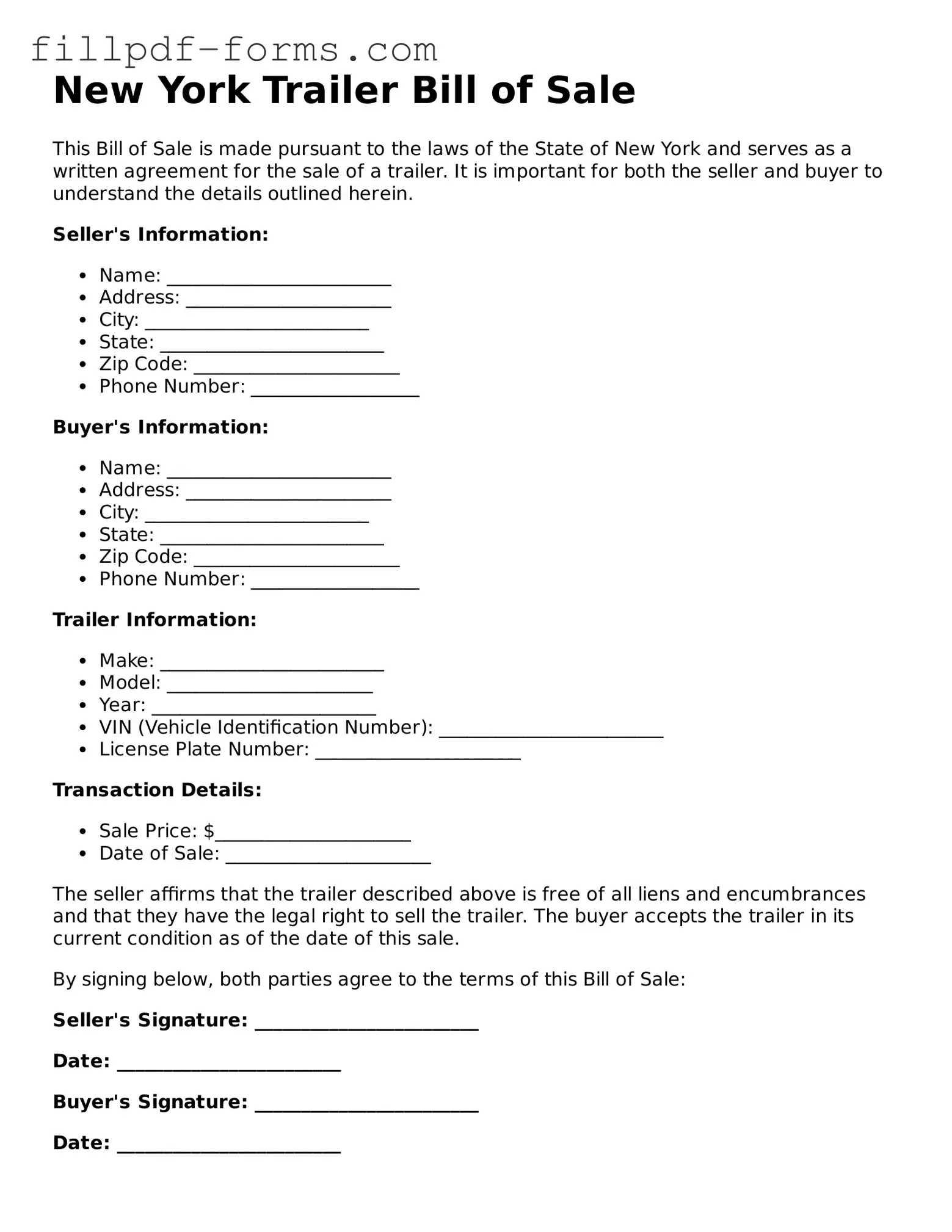 Fillable Trailer Bill of Sale Template for the State of New York