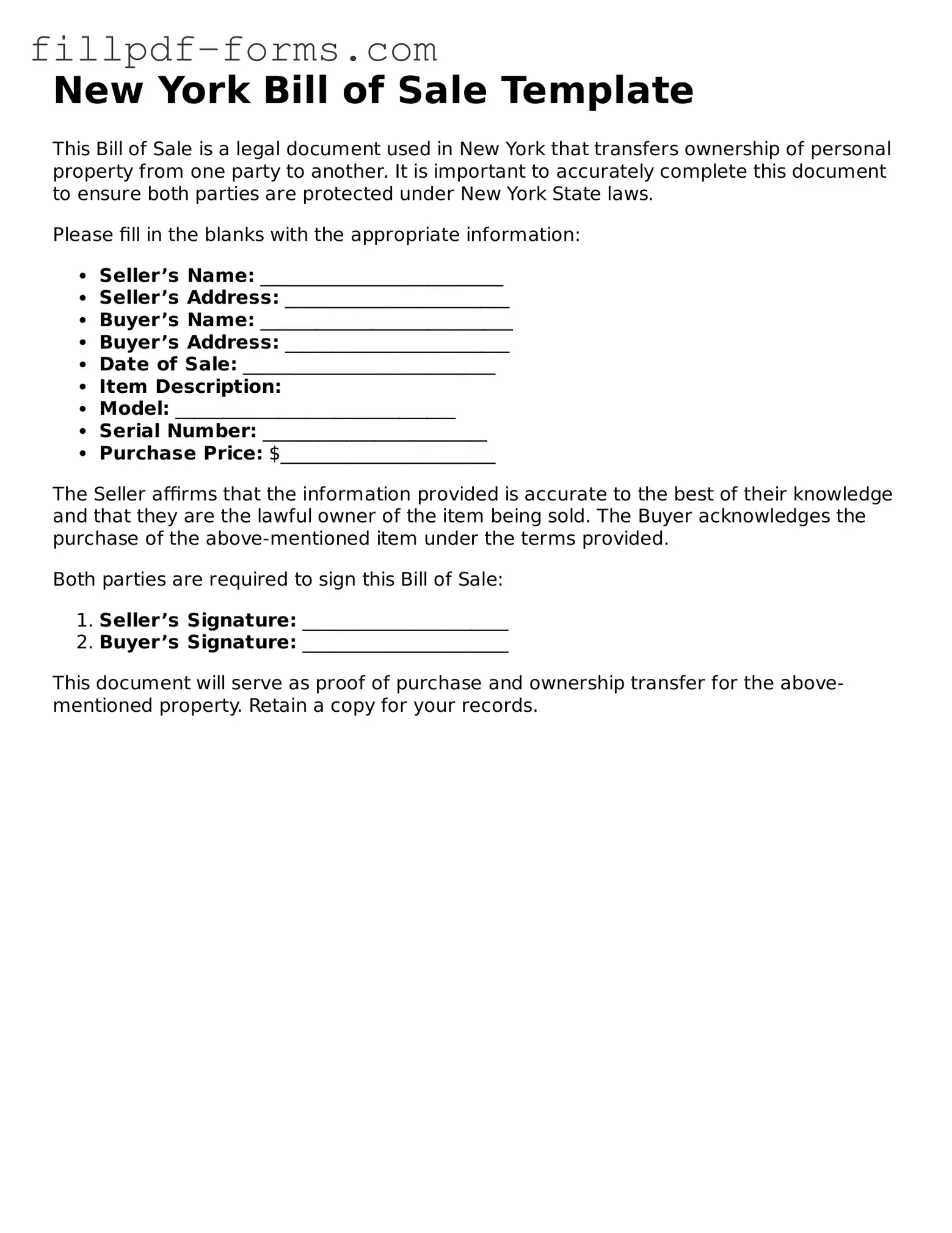 Fillable Bill of Sale Template for the State of New York