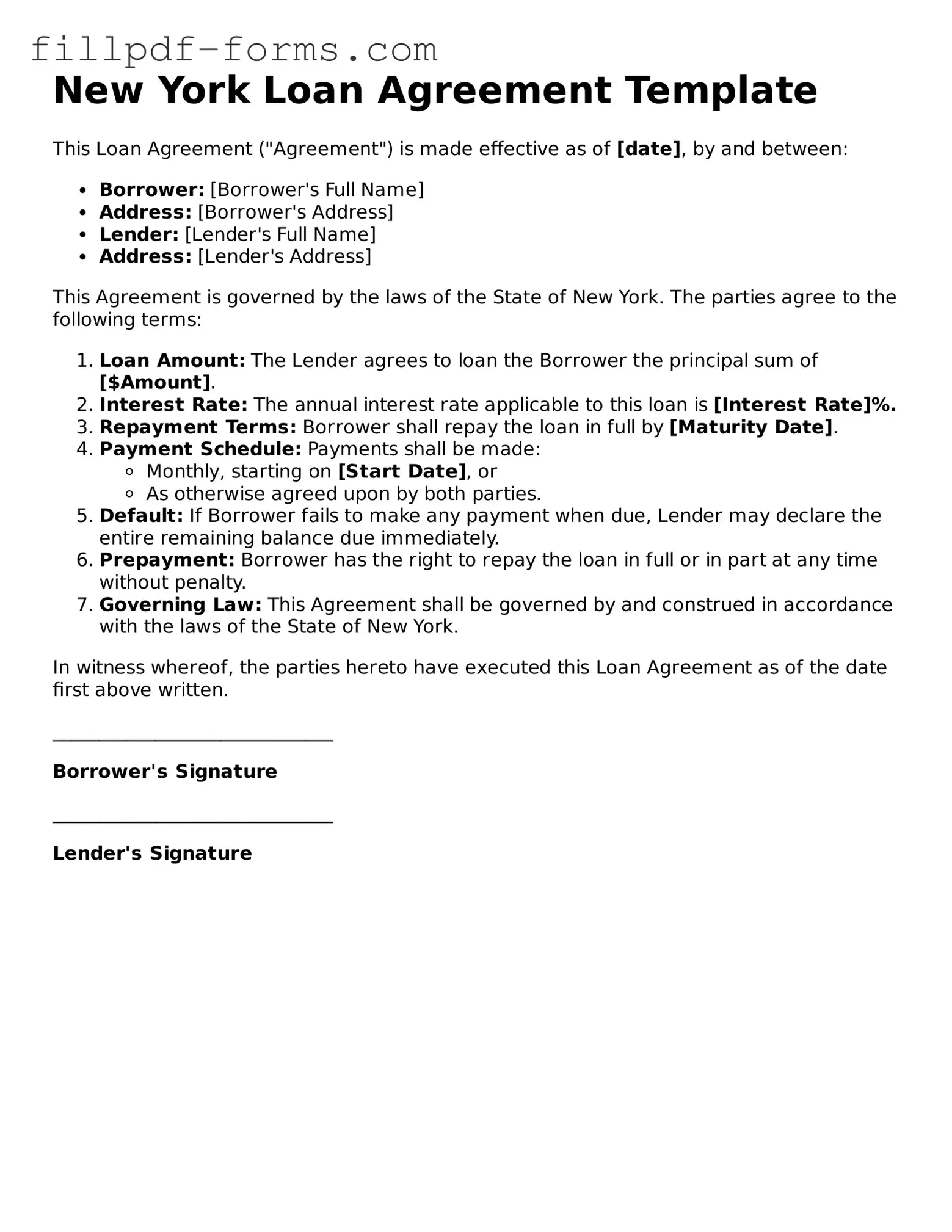 Fillable Loan Agreement Template for the State of New York