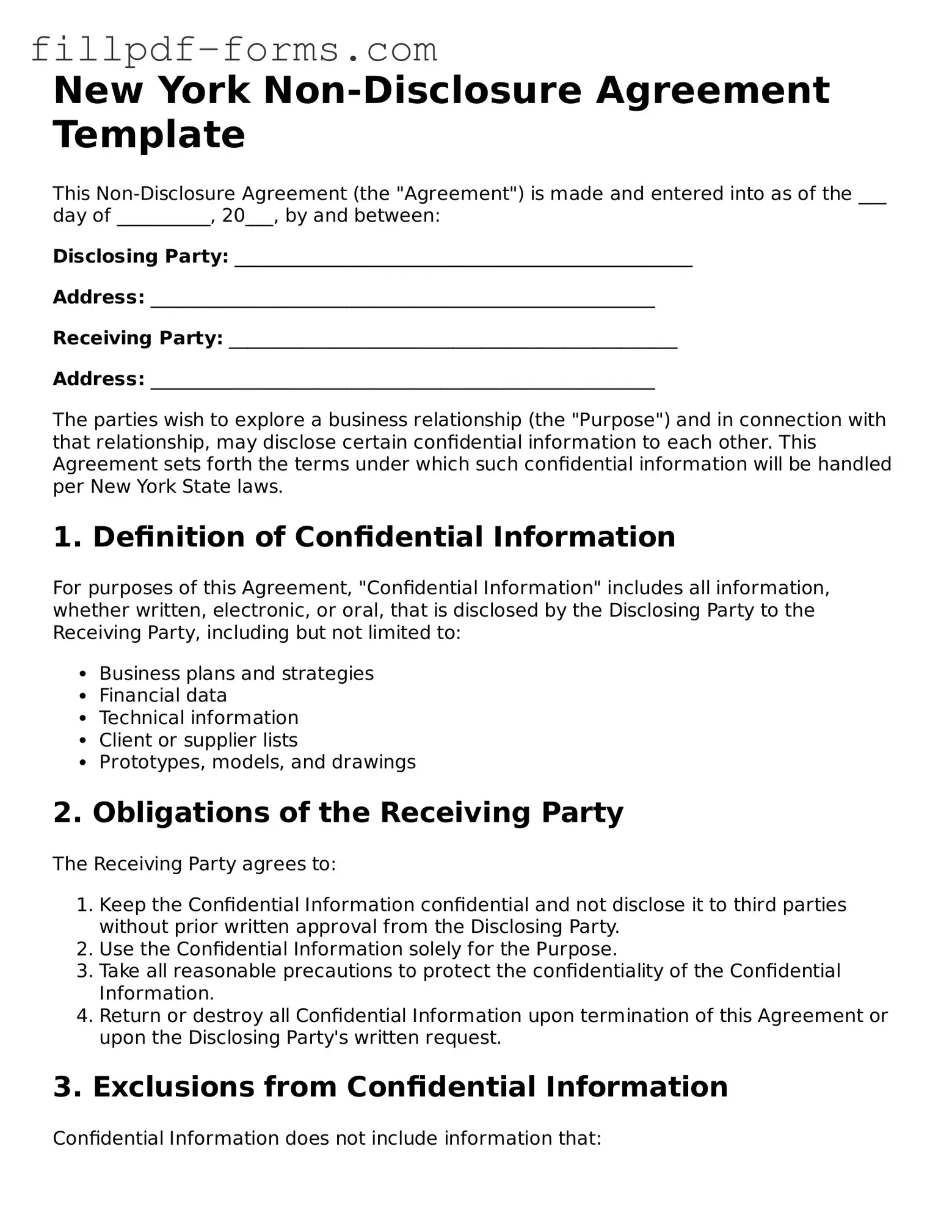 Fillable Non-disclosure Agreement Template for the State of New York