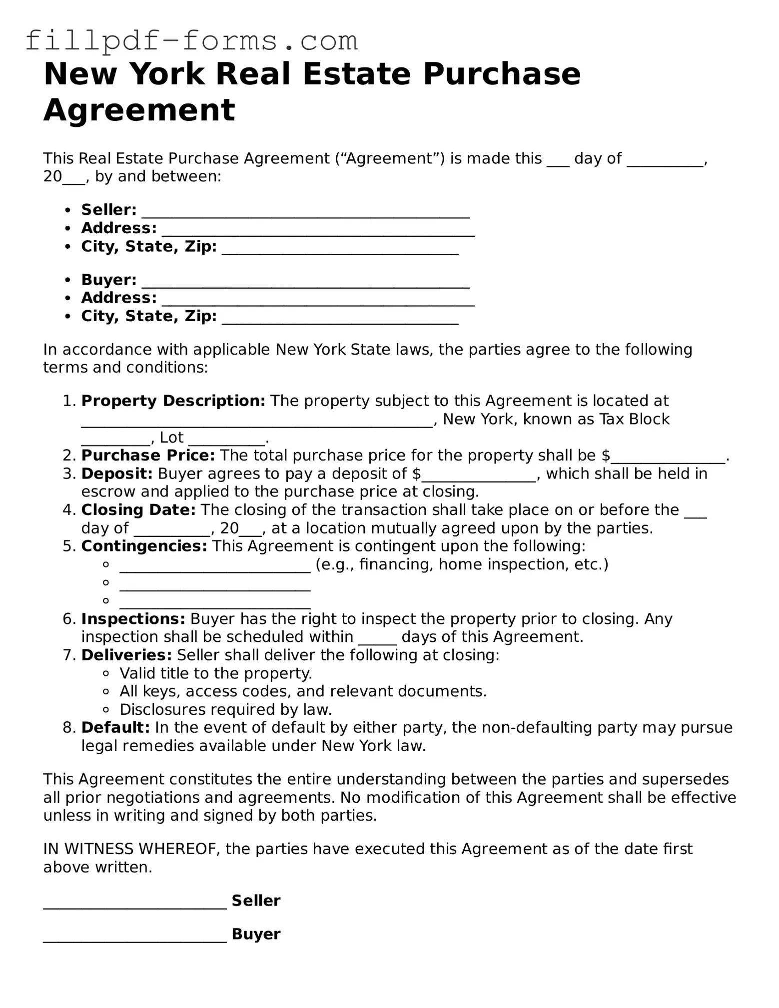 Fillable Real Estate Purchase Agreement Template for the State of New York