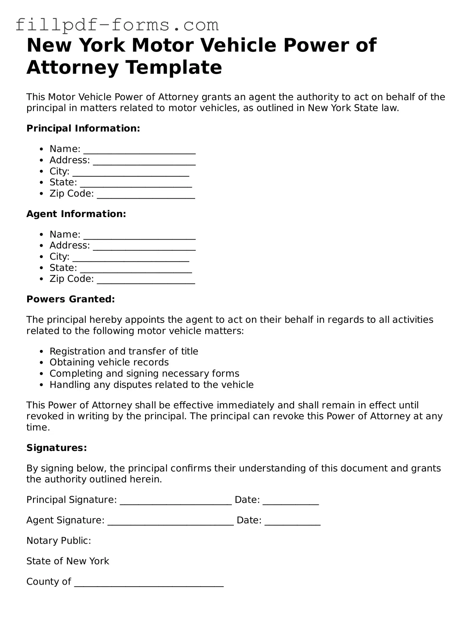 Fillable Motor Vehicle Power of Attorney Template for the State of New York