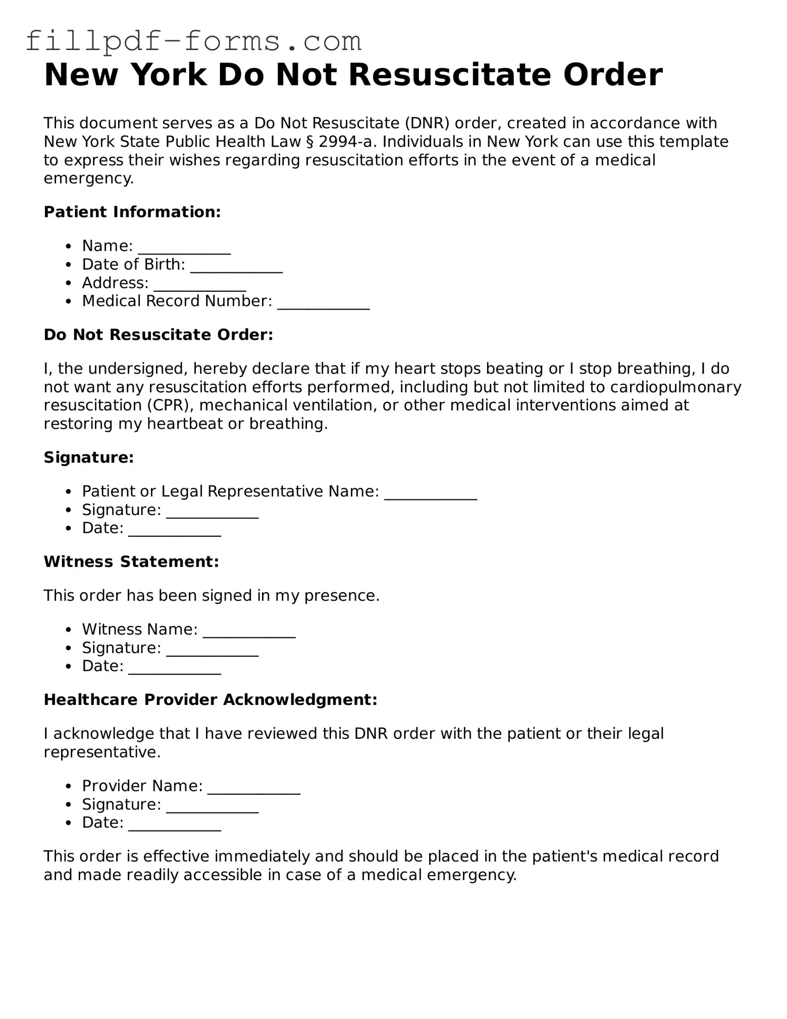 Fillable Do Not Resuscitate Order Template for the State of New York