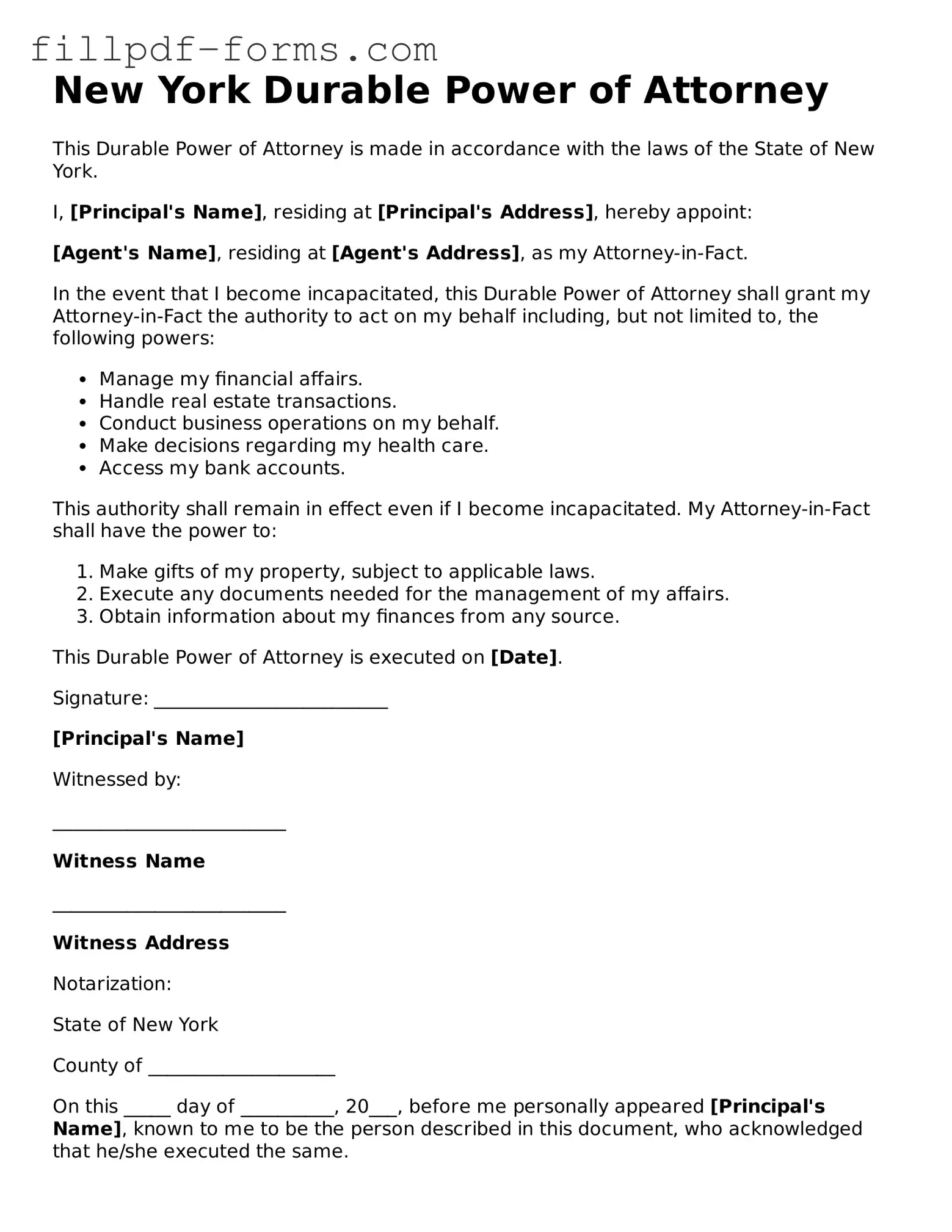 Fillable Durable Power of Attorney Template for the State of New York