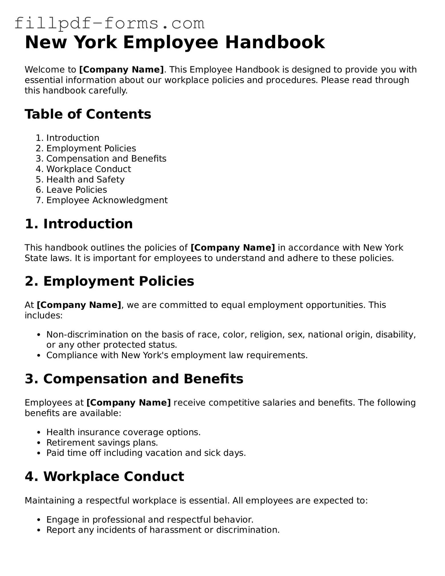 Fillable Employee Handbook Template for the State of New York