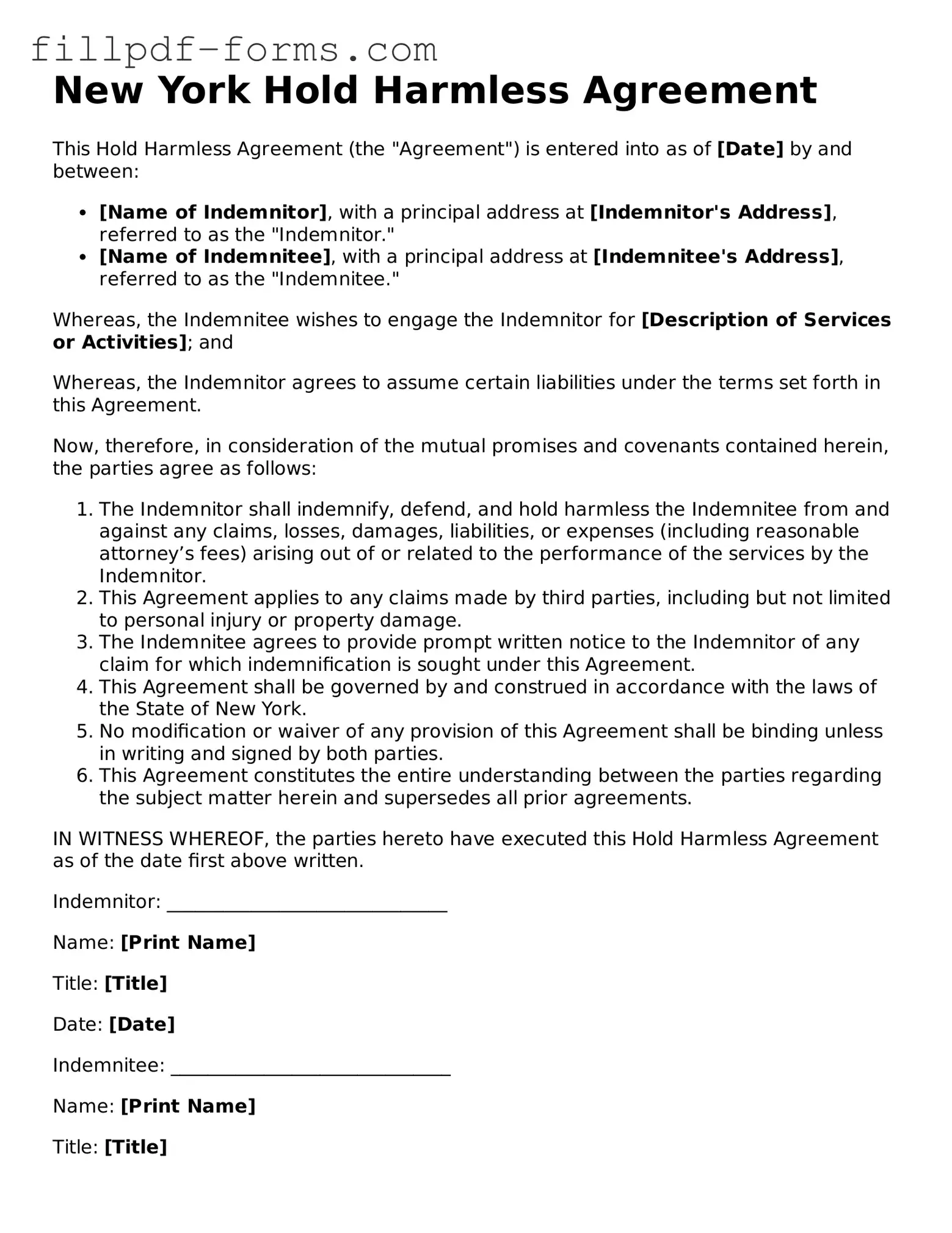 Fillable Hold Harmless Agreement Template for the State of New York