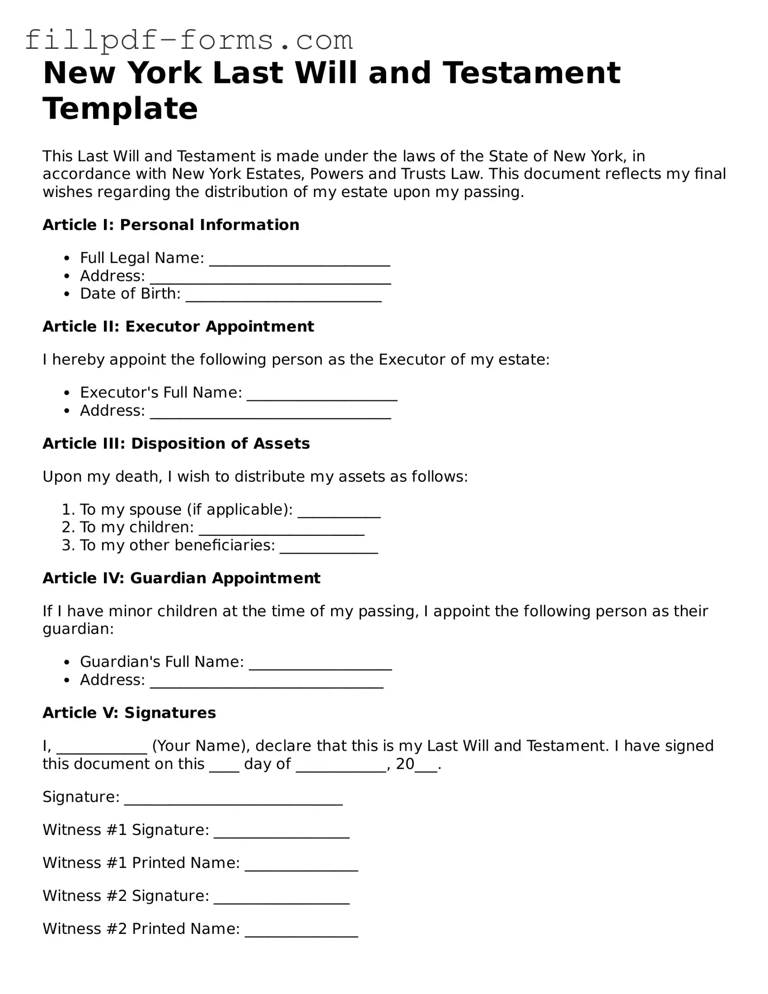 Fillable Last Will and Testament Template for the State of New York