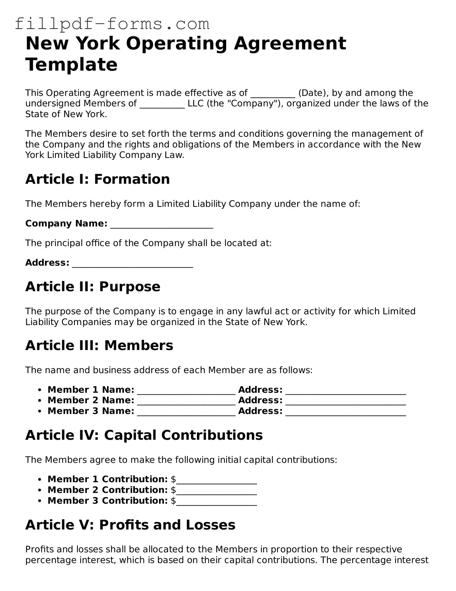 Fillable Operating Agreement Template for the State of New York