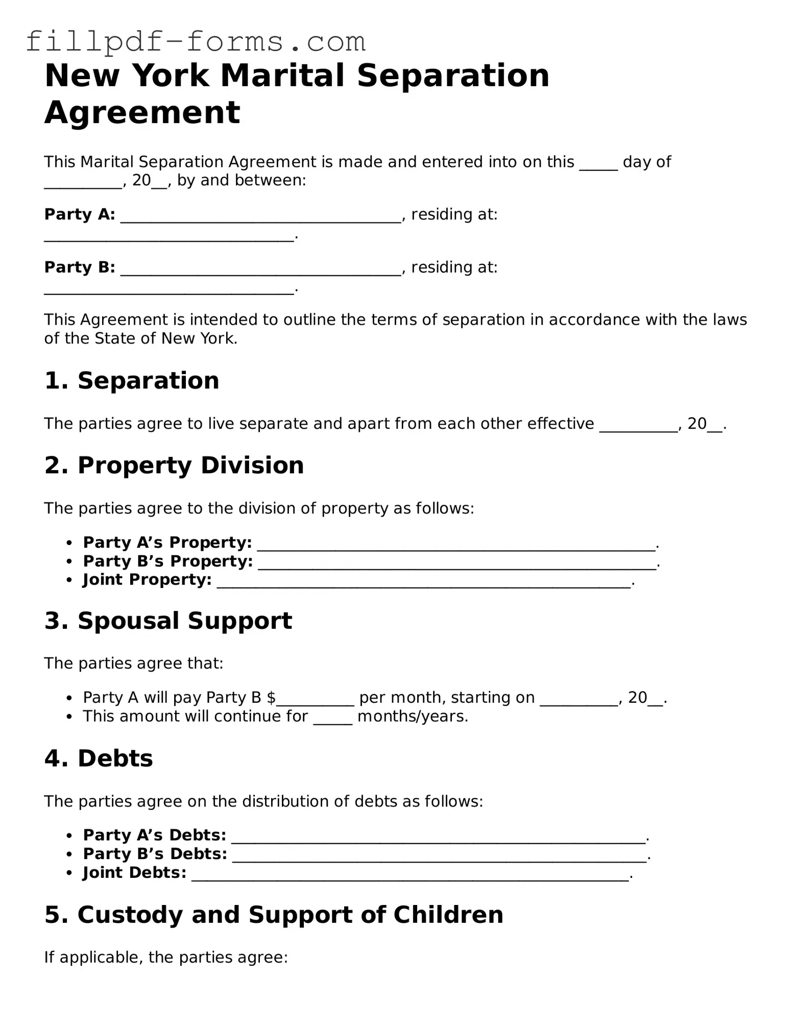 Fillable Marital Separation Agreement Template for the State of New York
