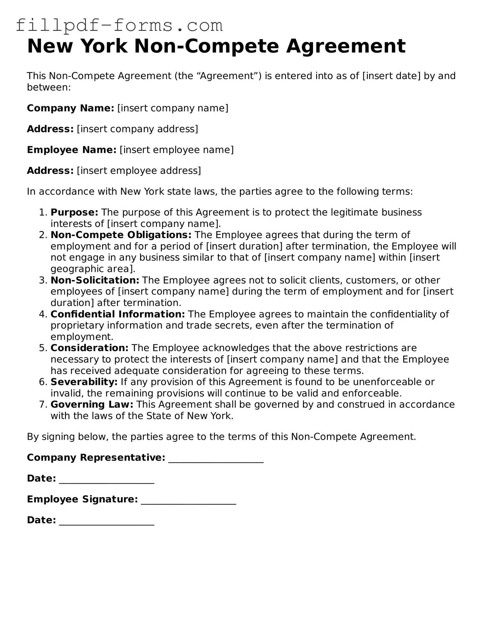 Fillable Non-compete Agreement Template for the State of New York
