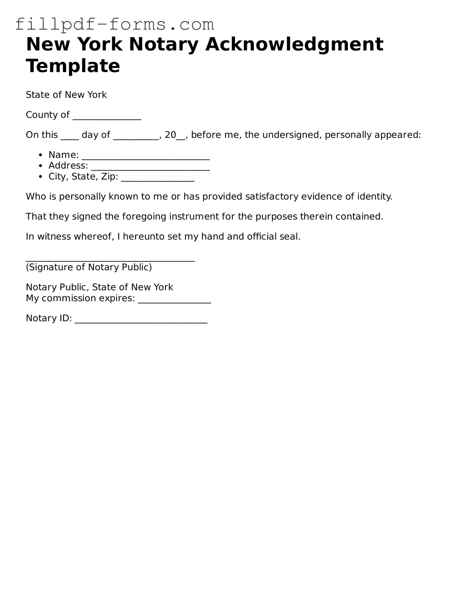Fillable Notary Acknowledgement Template for the State of New York