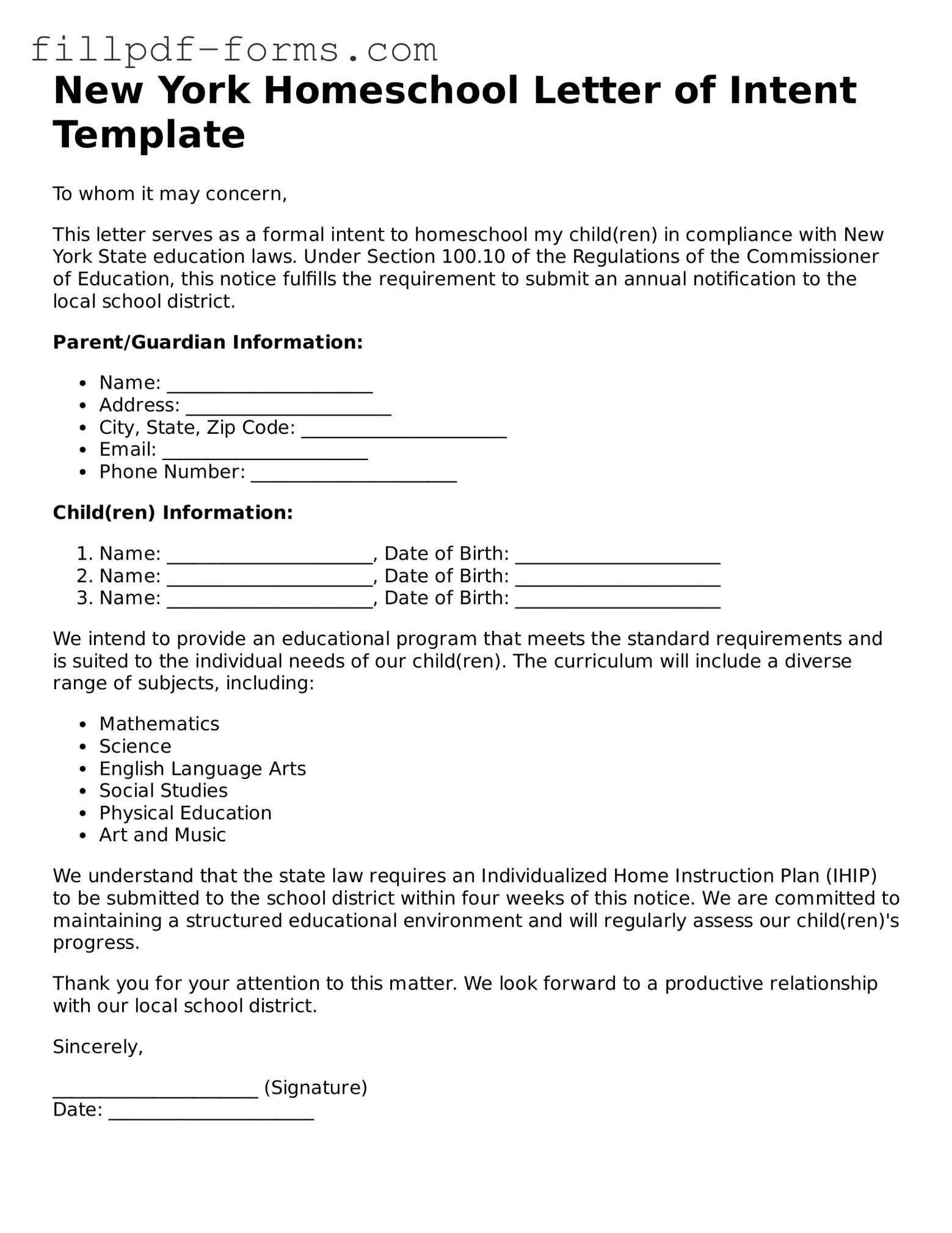 Fillable Homeschool Letter of Intent Template for the State of New York