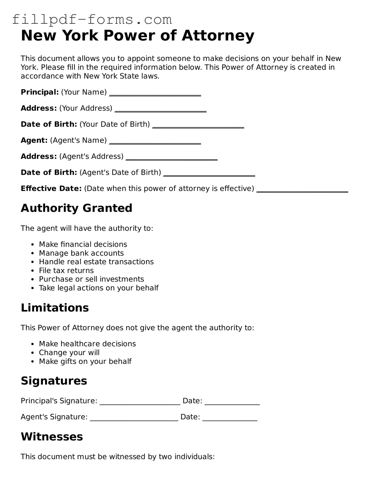 Fillable Power of Attorney Template for the State of New York