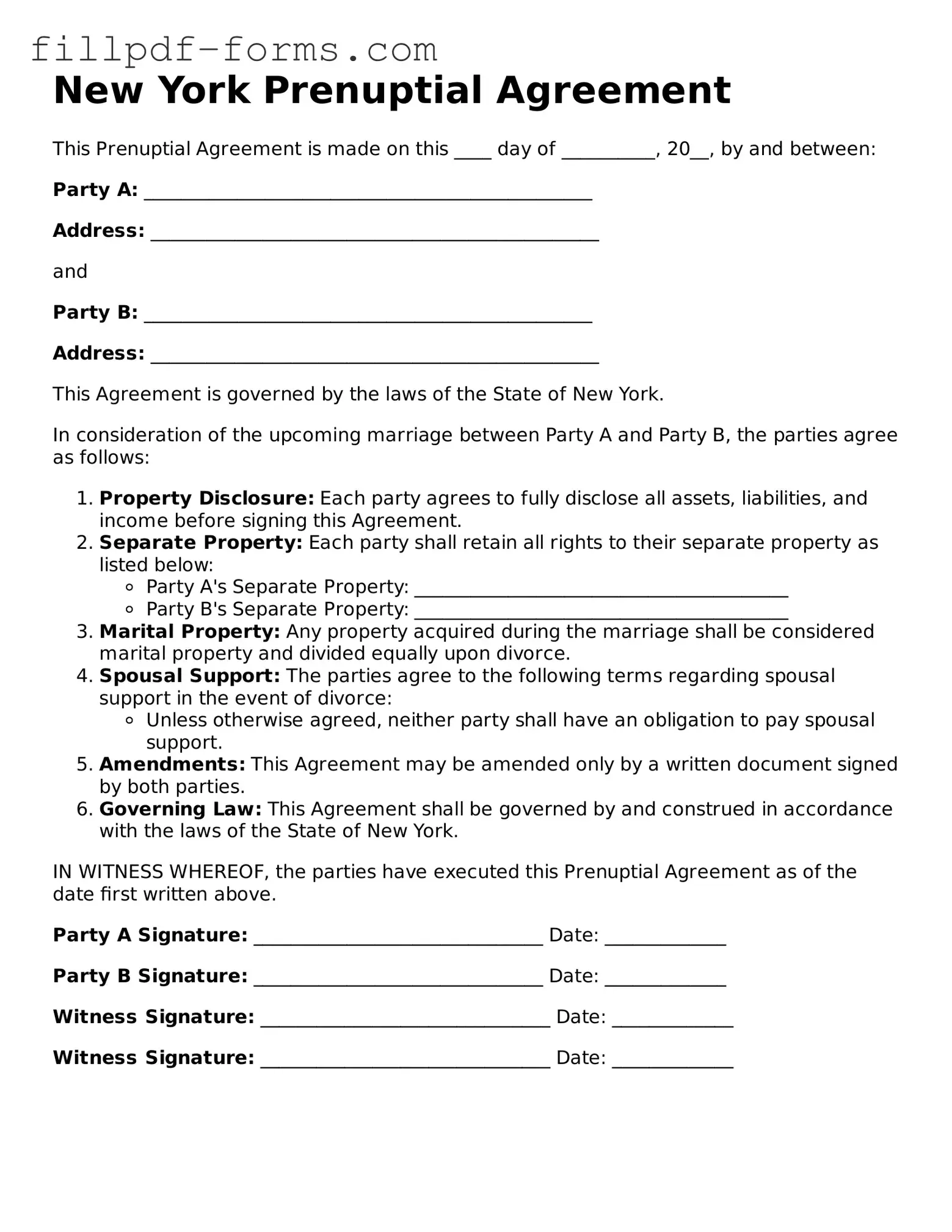 Fillable Prenuptial Agreement Template for the State of New York