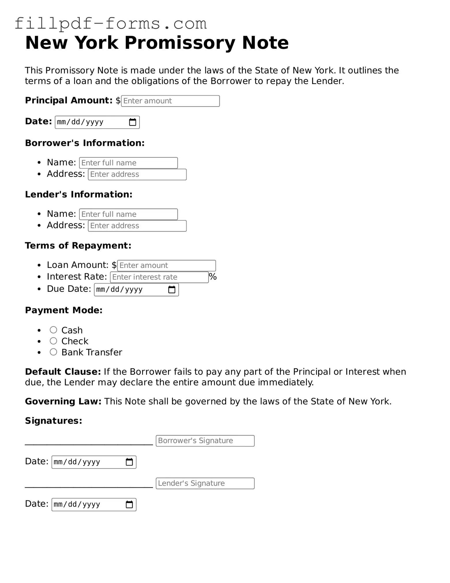 Fillable Promissory Note Template for the State of New York