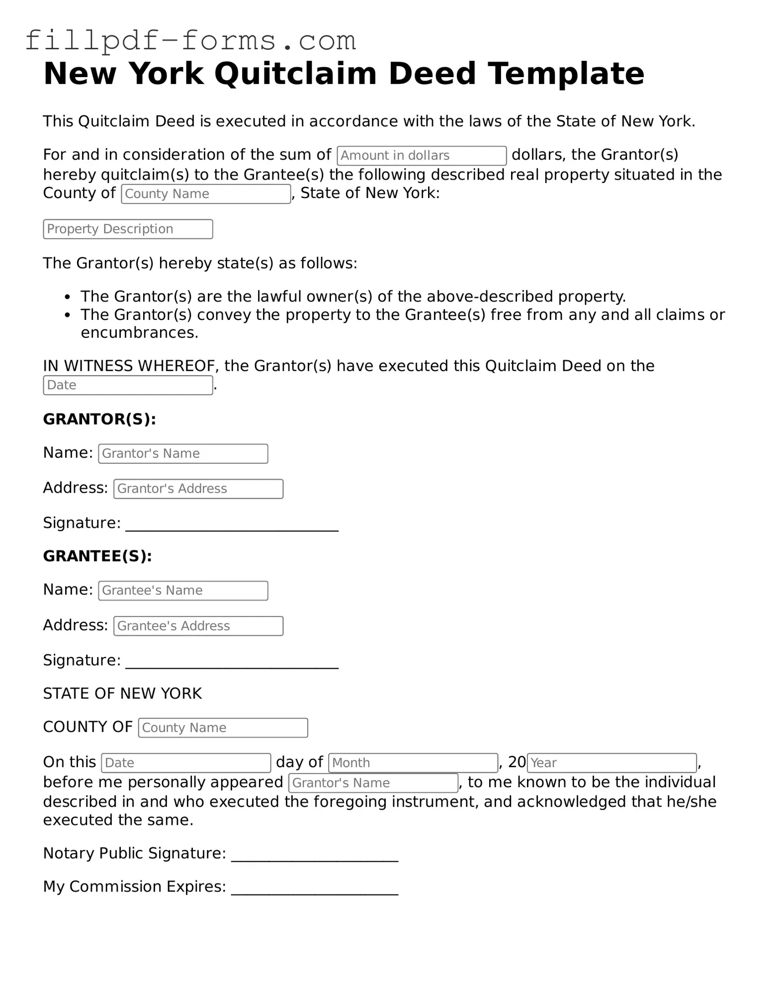 Fillable Quitclaim Deed Template for the State of New York