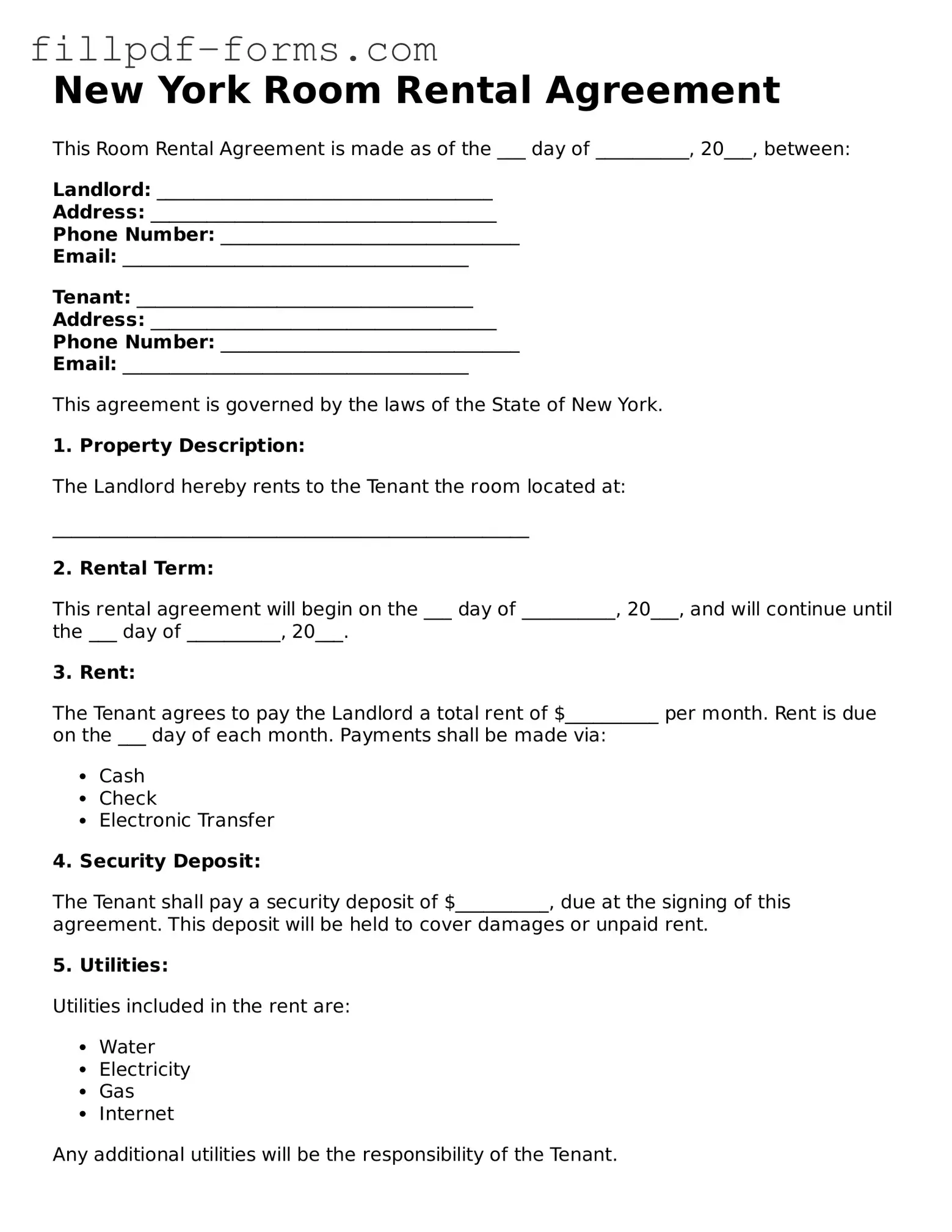 Fillable Room Rental Agreement Template for the State of New York