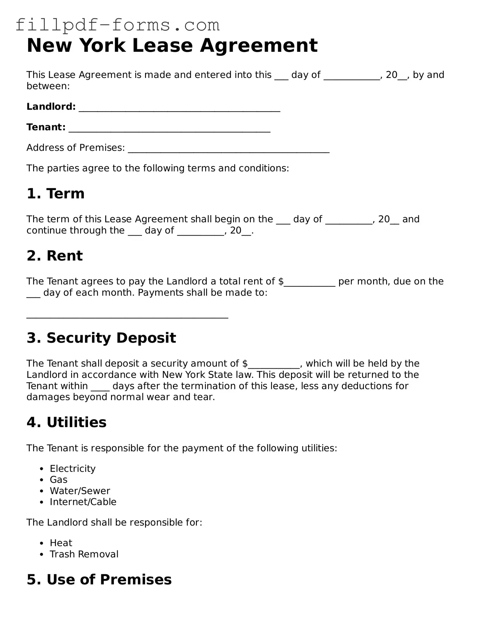 Fillable Lease Agreement Template for the State of New York
