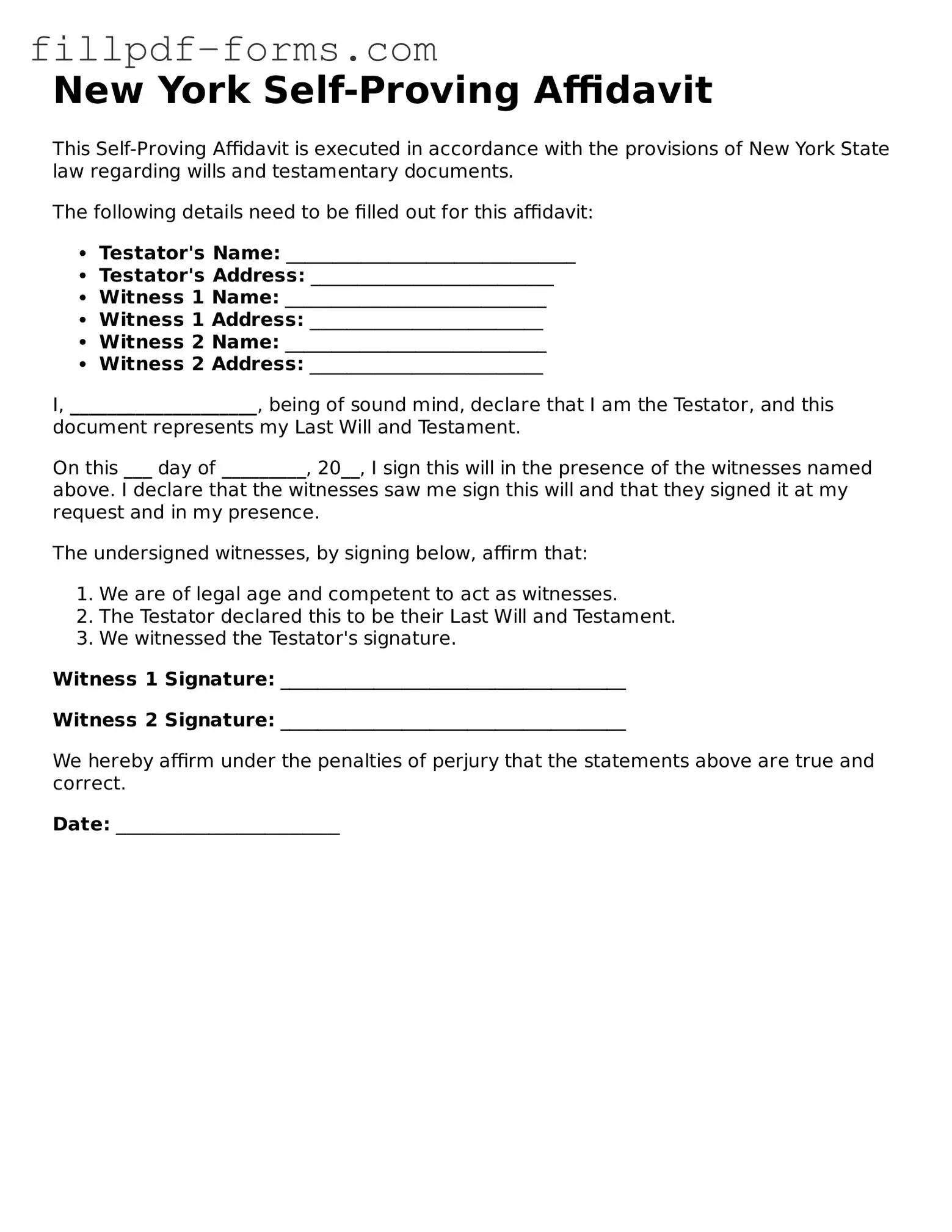 Fillable Self-Proving Affidavit Template for the State of New York