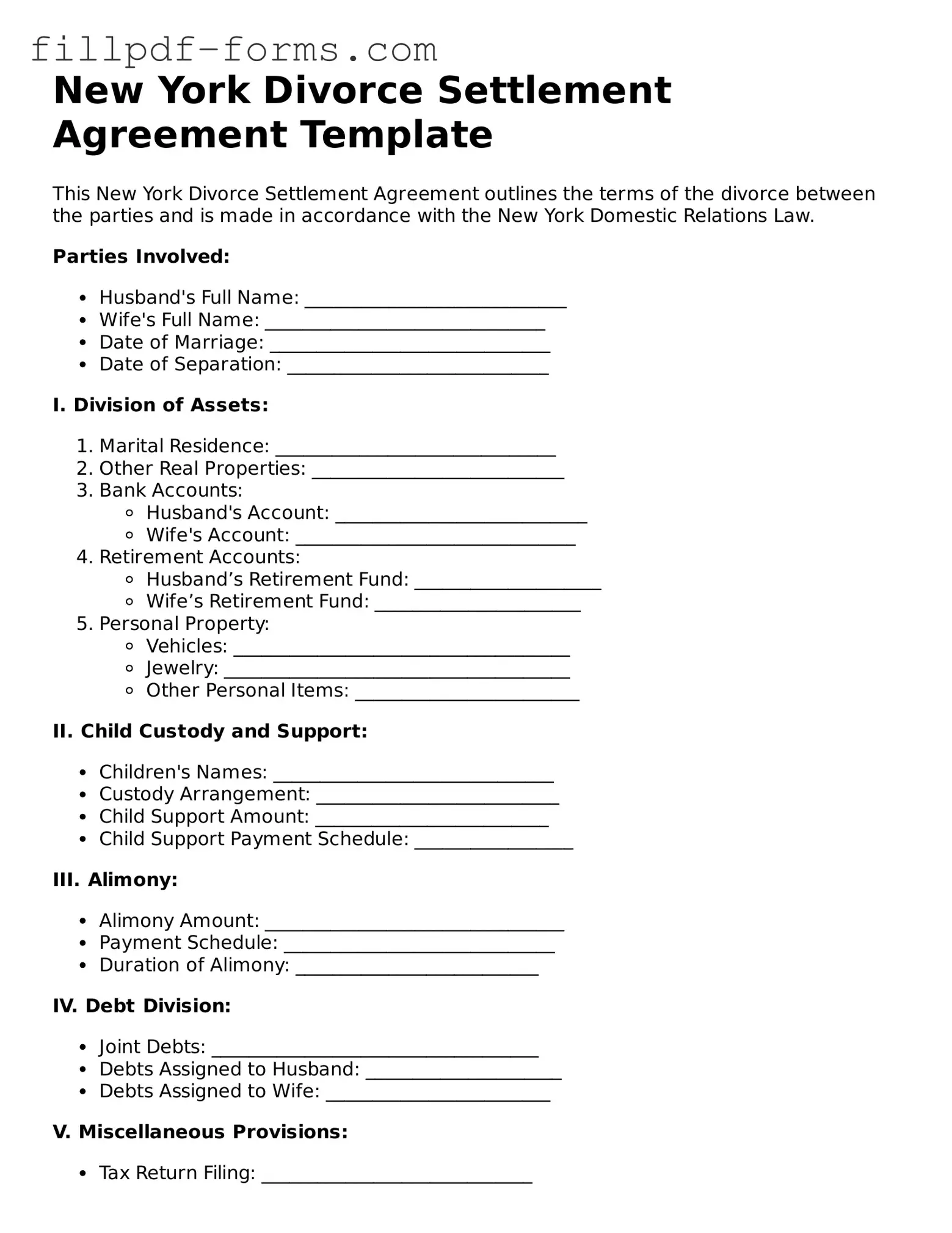 Fillable Divorce Settlement Agreement Template for the State of New York