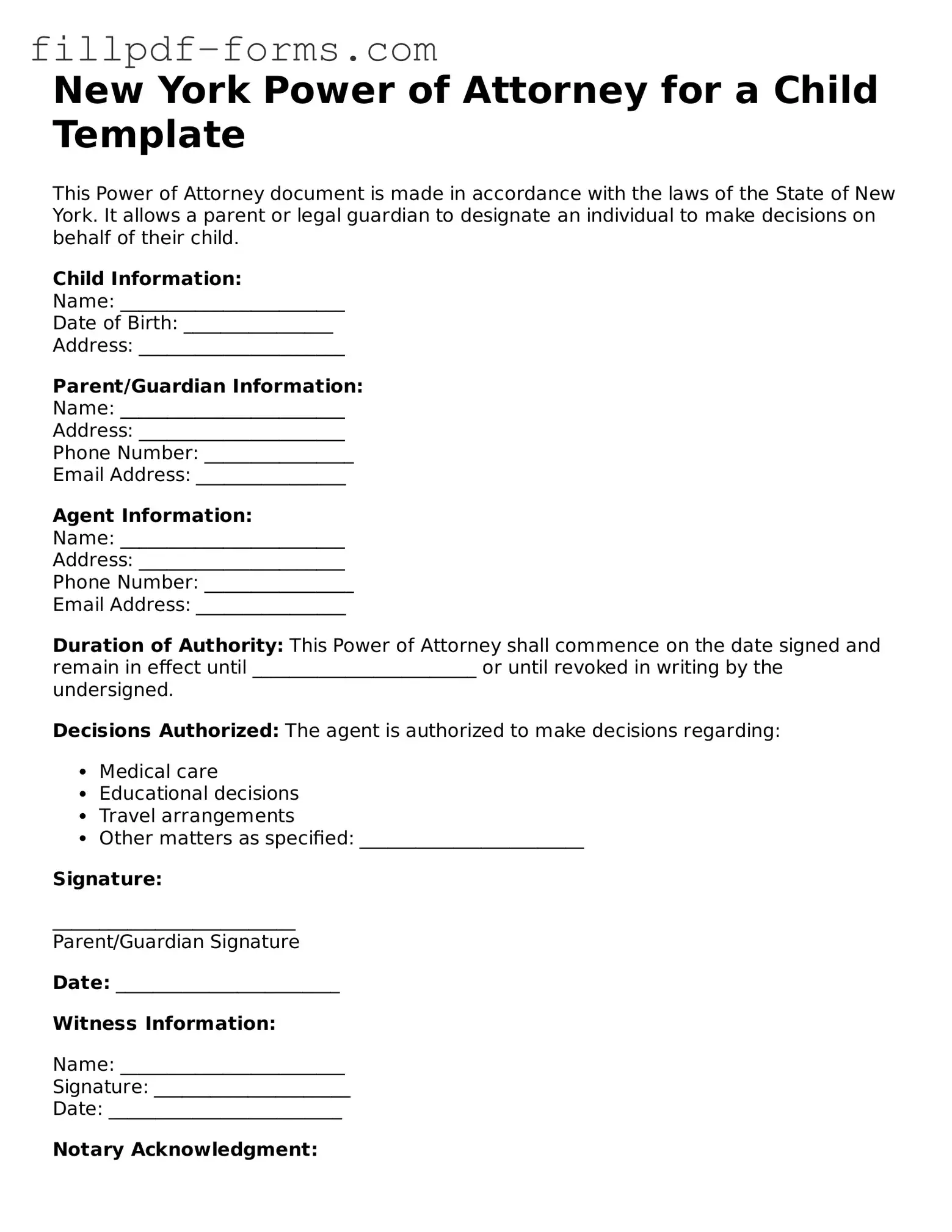 Fillable Power of Attorney for a Child Template for the State of New York