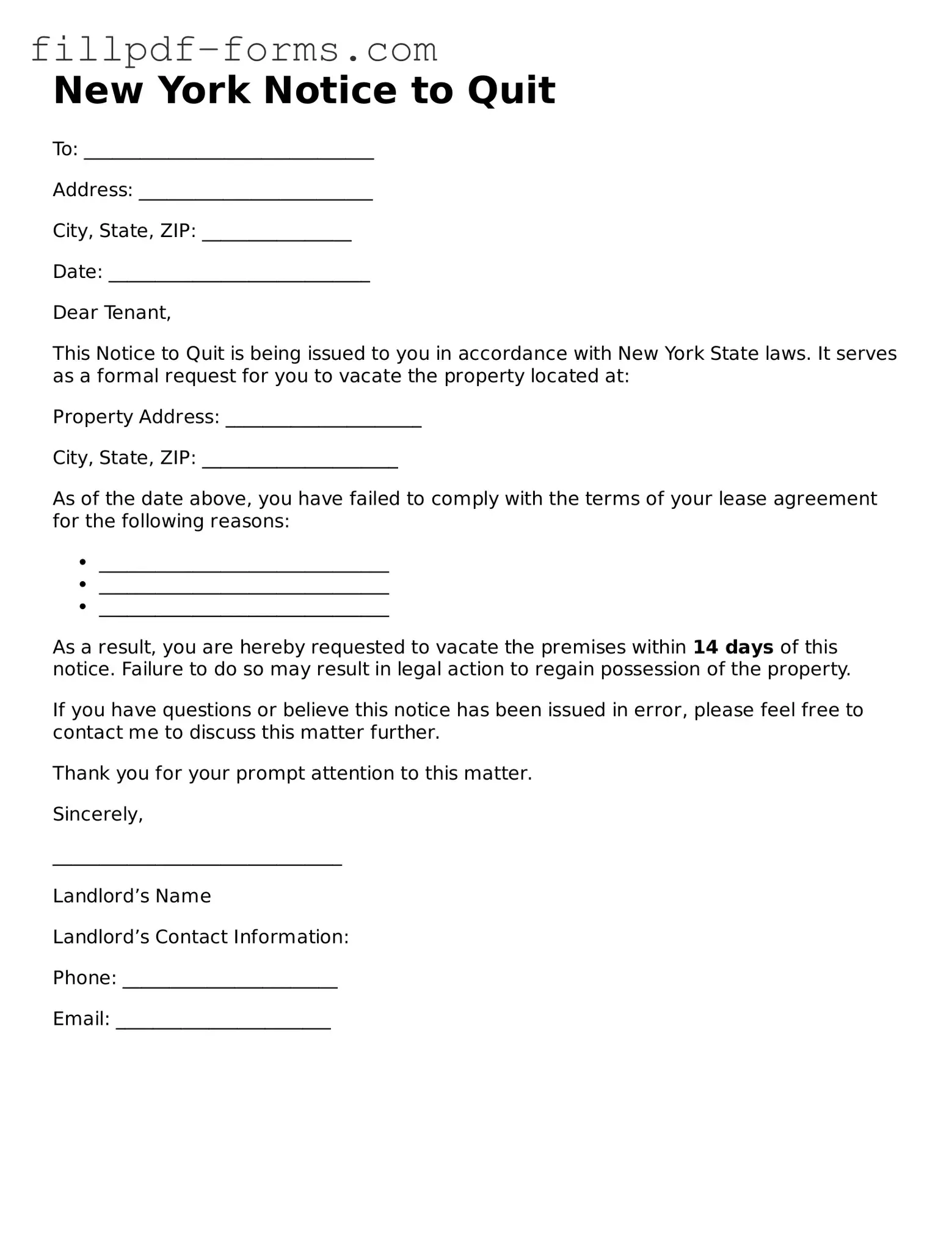Fillable Notice to Quit Template for the State of New York