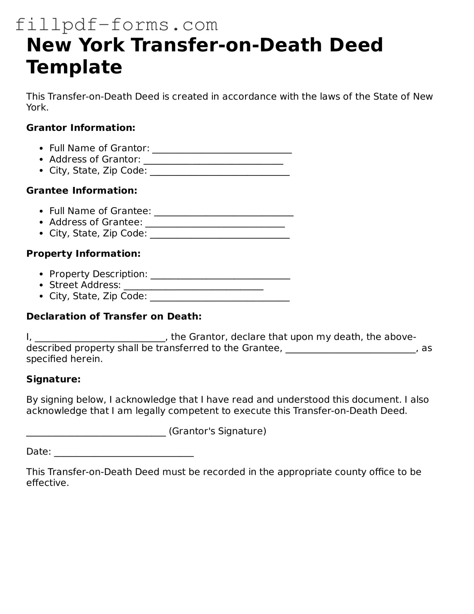 Fillable Transfer-on-Death Deed Template for the State of New York