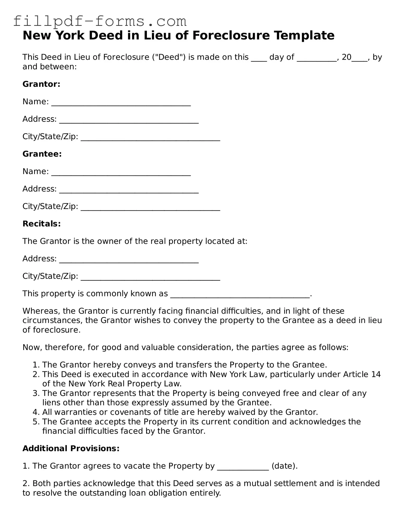 Fillable Deed in Lieu of Foreclosure Template for the State of New York