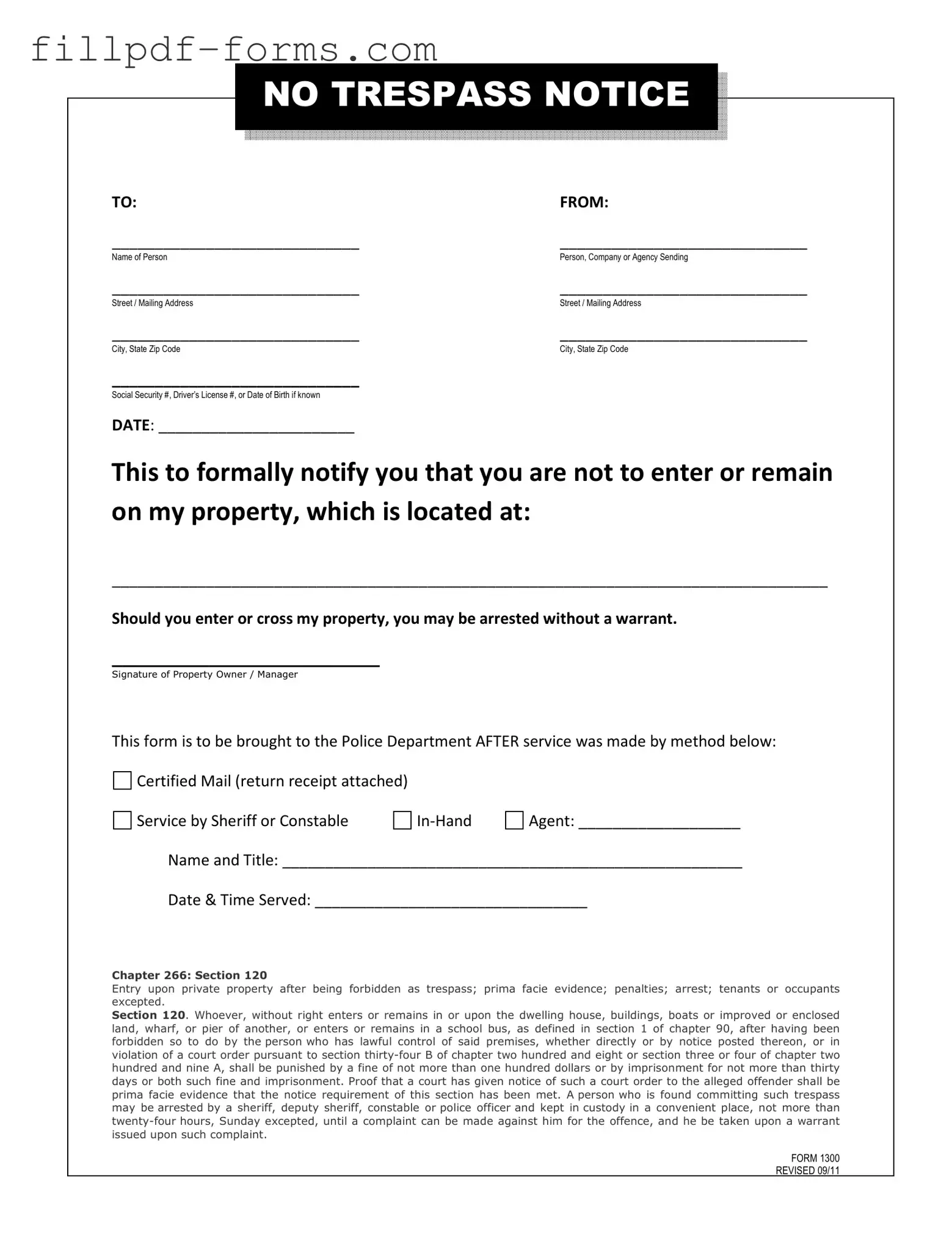 No Trespassing Letter PDF Form