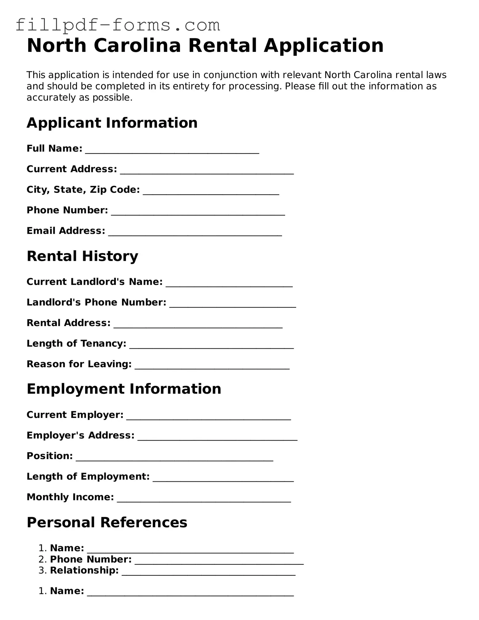 Fillable Rental Application Template for the State of North Carolina
