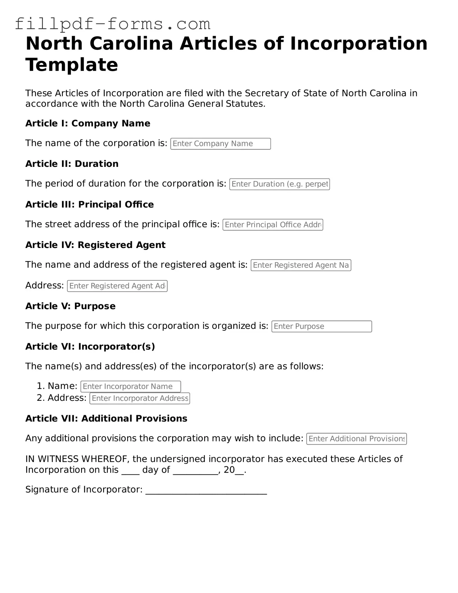 Fillable Articles of Incorporation Template for the State of North Carolina