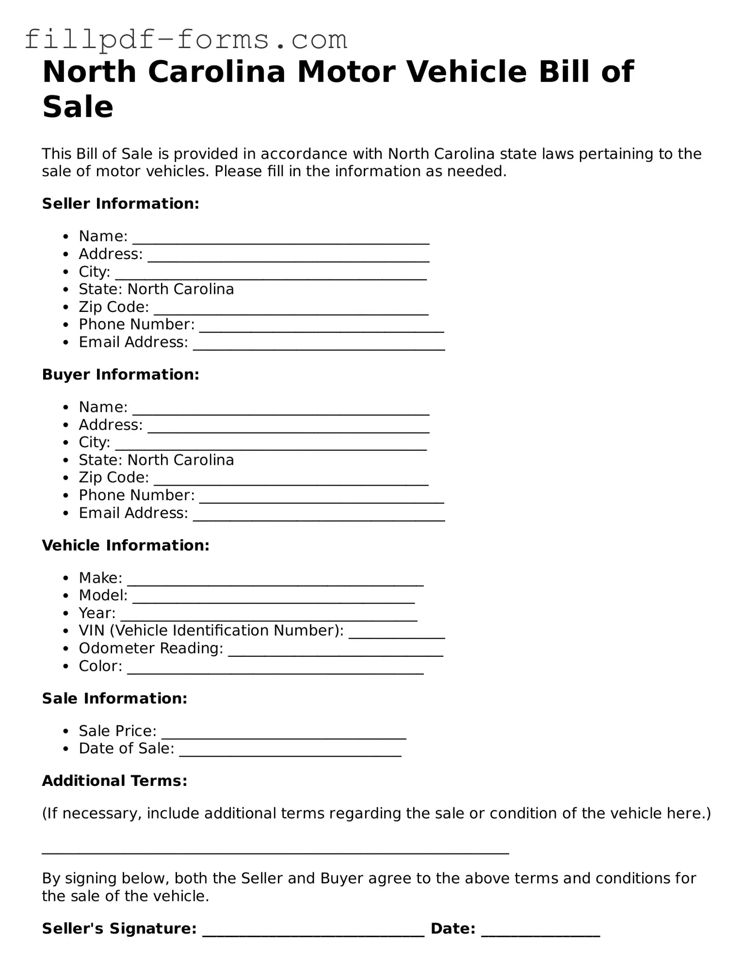 Fillable Motor Vehicle Bill of Sale Template for the State of North Carolina