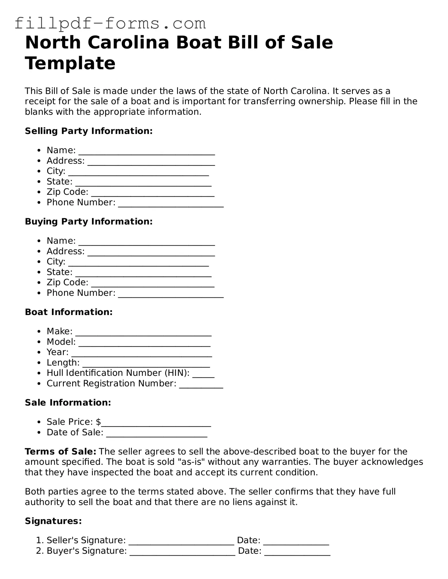 Fillable Boat Bill of Sale Template for the State of North Carolina