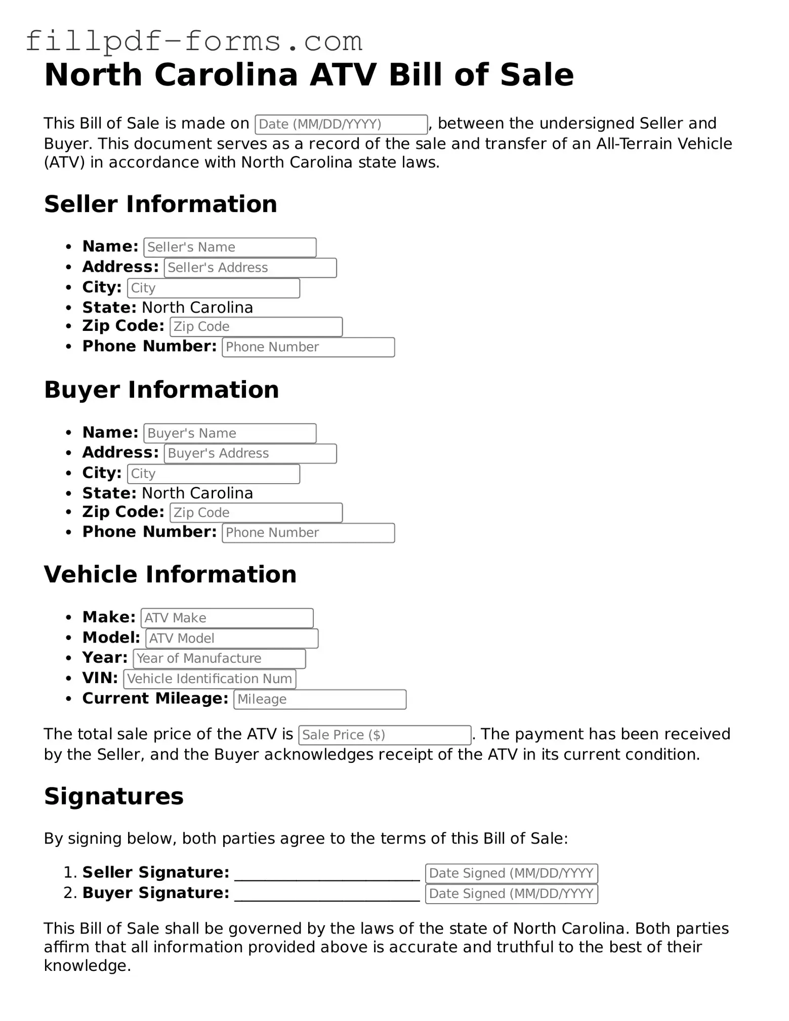 Fillable ATV Bill of Sale Template for the State of North Carolina