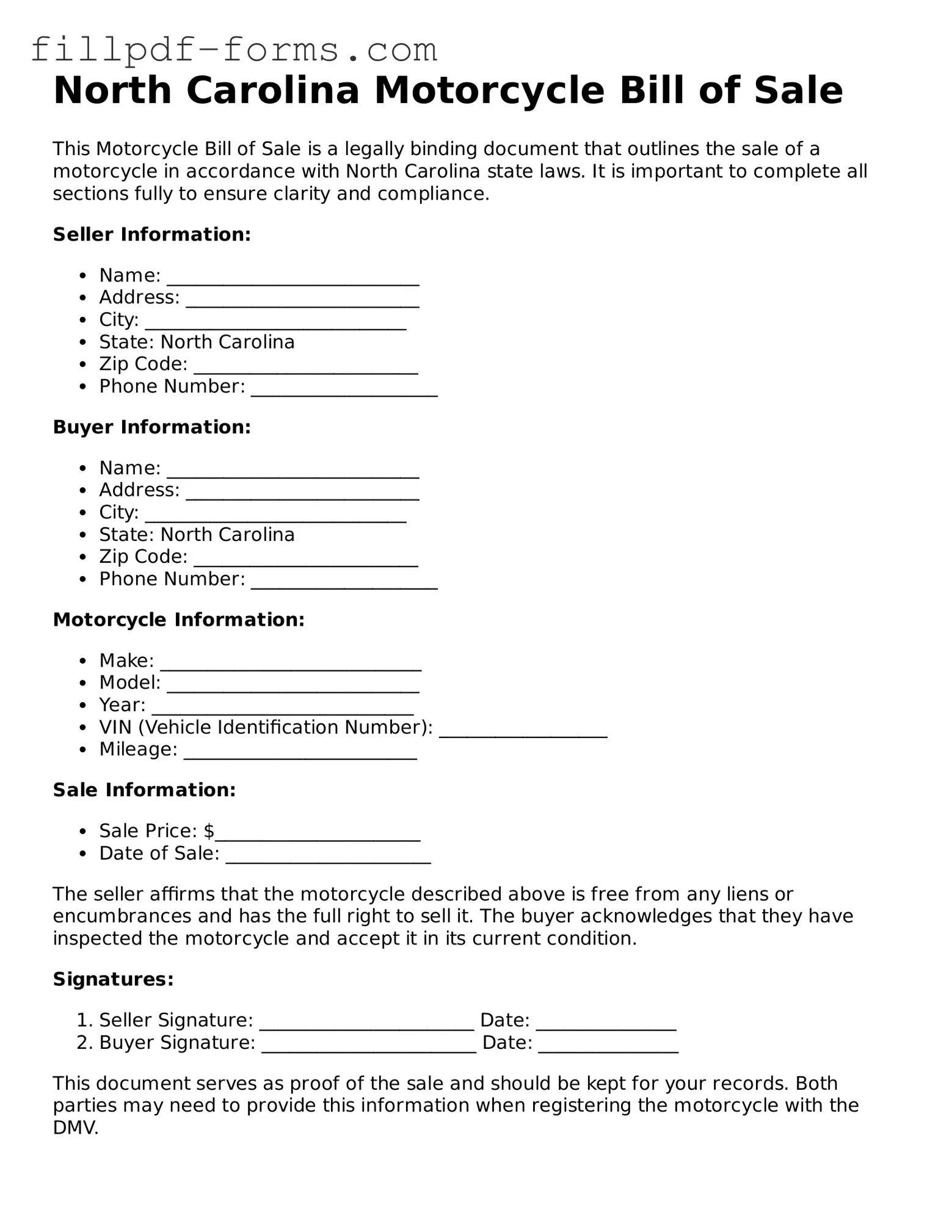 Fillable Motorcycle Bill of Sale Template for the State of North Carolina