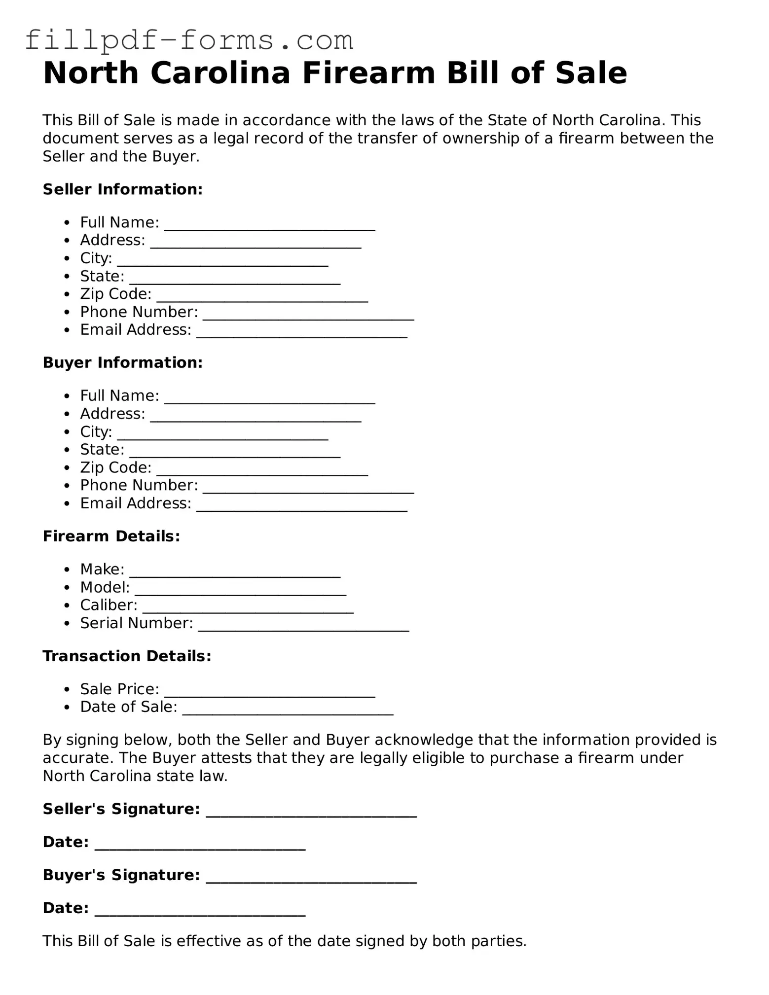 Fillable Firearm Bill of Sale Template for the State of North Carolina