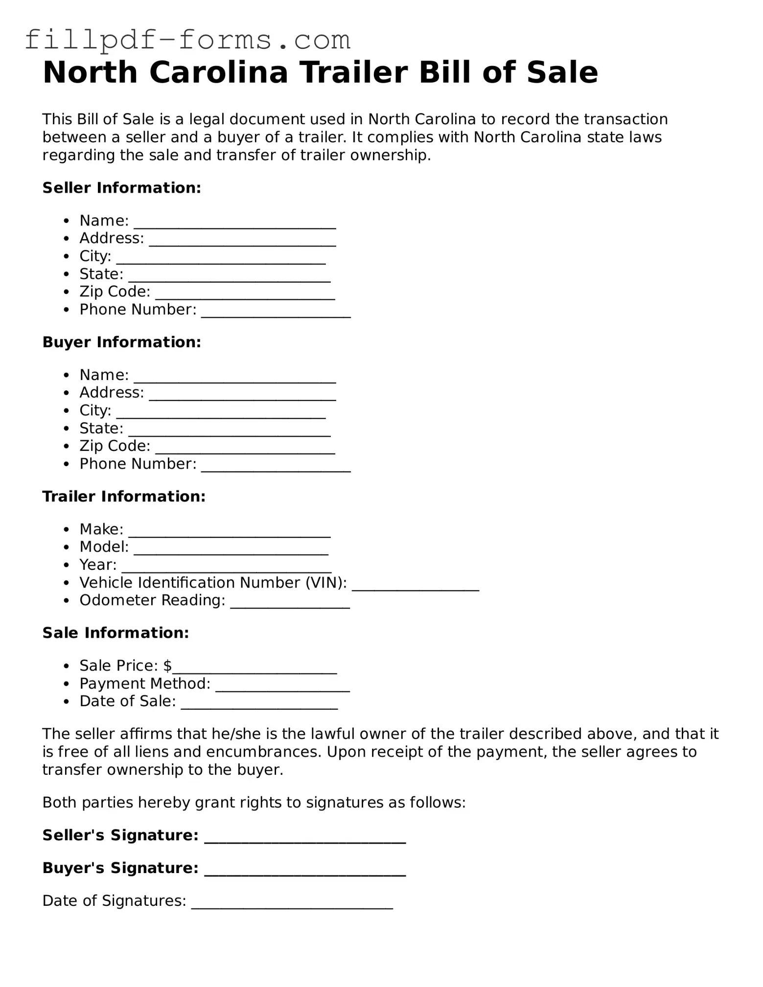 Fillable Trailer Bill of Sale Template for the State of North Carolina