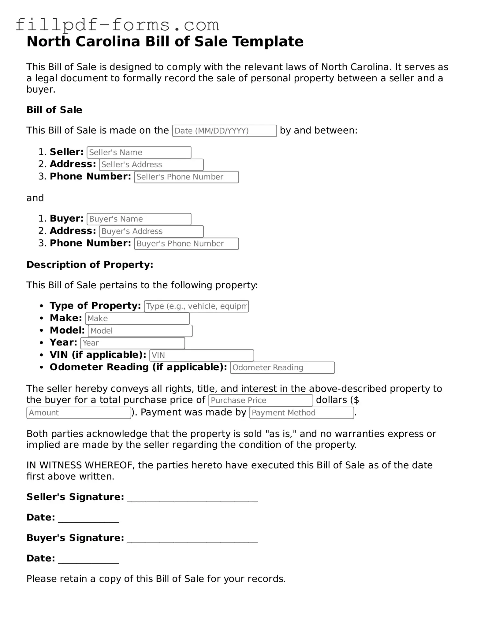 Fillable Bill of Sale Template for the State of North Carolina